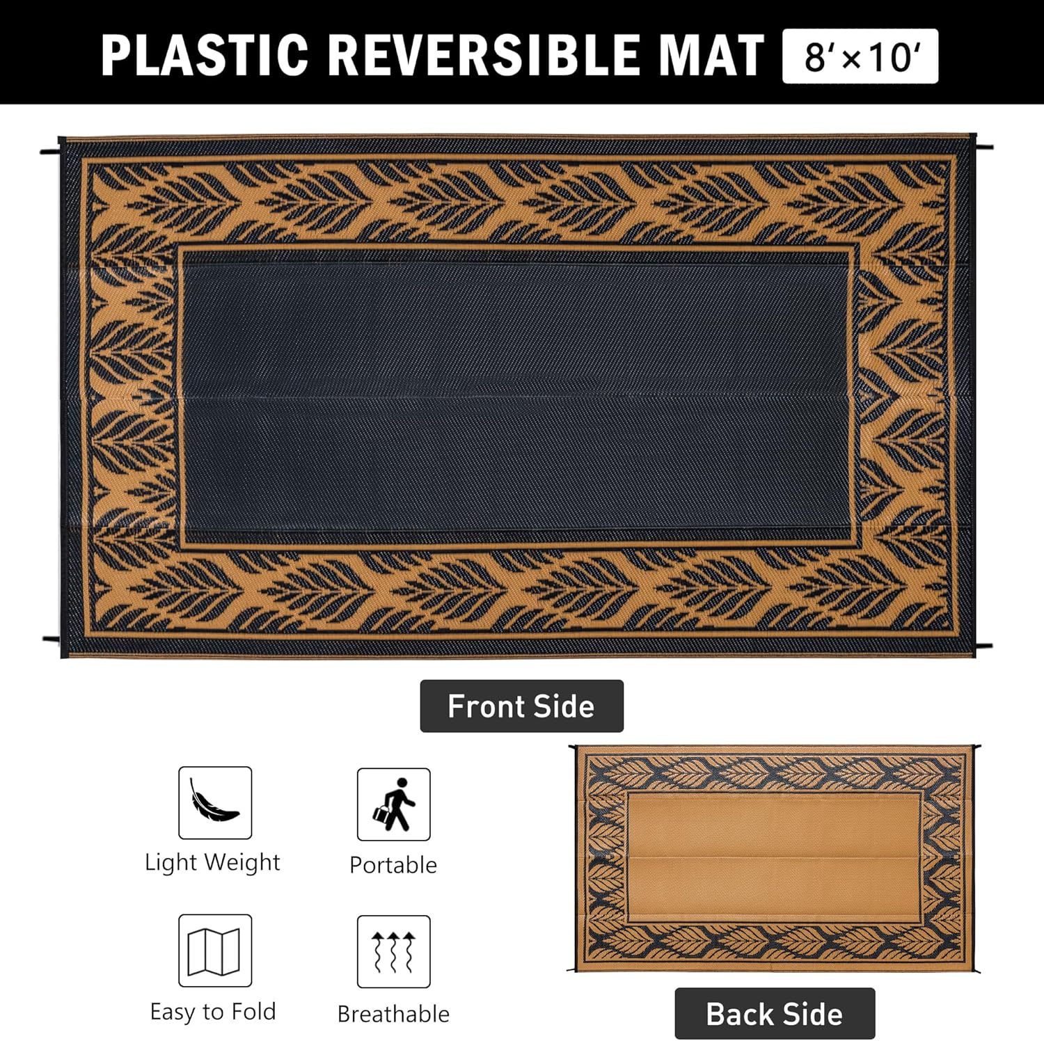 8x10 Patio Waterproof Outdoor Rug Outrside Camping Carpet RV Area Rug Reversible Brown Rugs for Deck Entryance Porch Picnic Balcony Beach