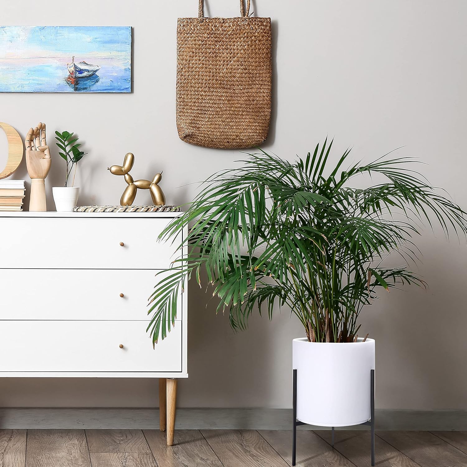 D'vine Dev Modern White Plants Pot Cylinder Planter with Heavy Duty Stand, Large 12 Inch Pot, 18.9 Inch with Stand Height, 96-T-A-3