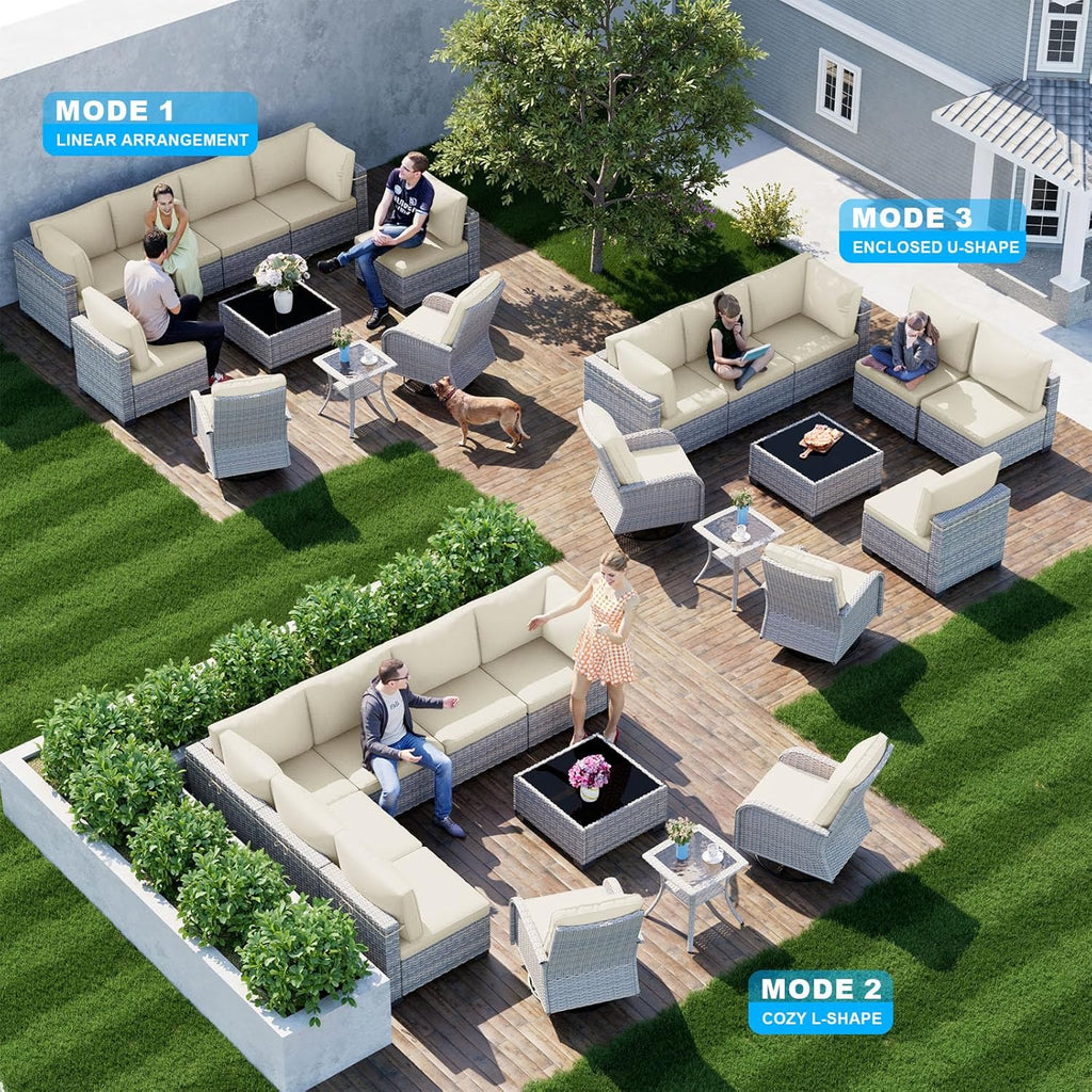 10-Piece Patio Furniture Set, Outdoor Patio Furniture with Swivel Chairs Set, Thick Cushions, Modular Patio Sofa, Dual-Strand Wicker Rattan, Rust-Resistant Frame, Ivory