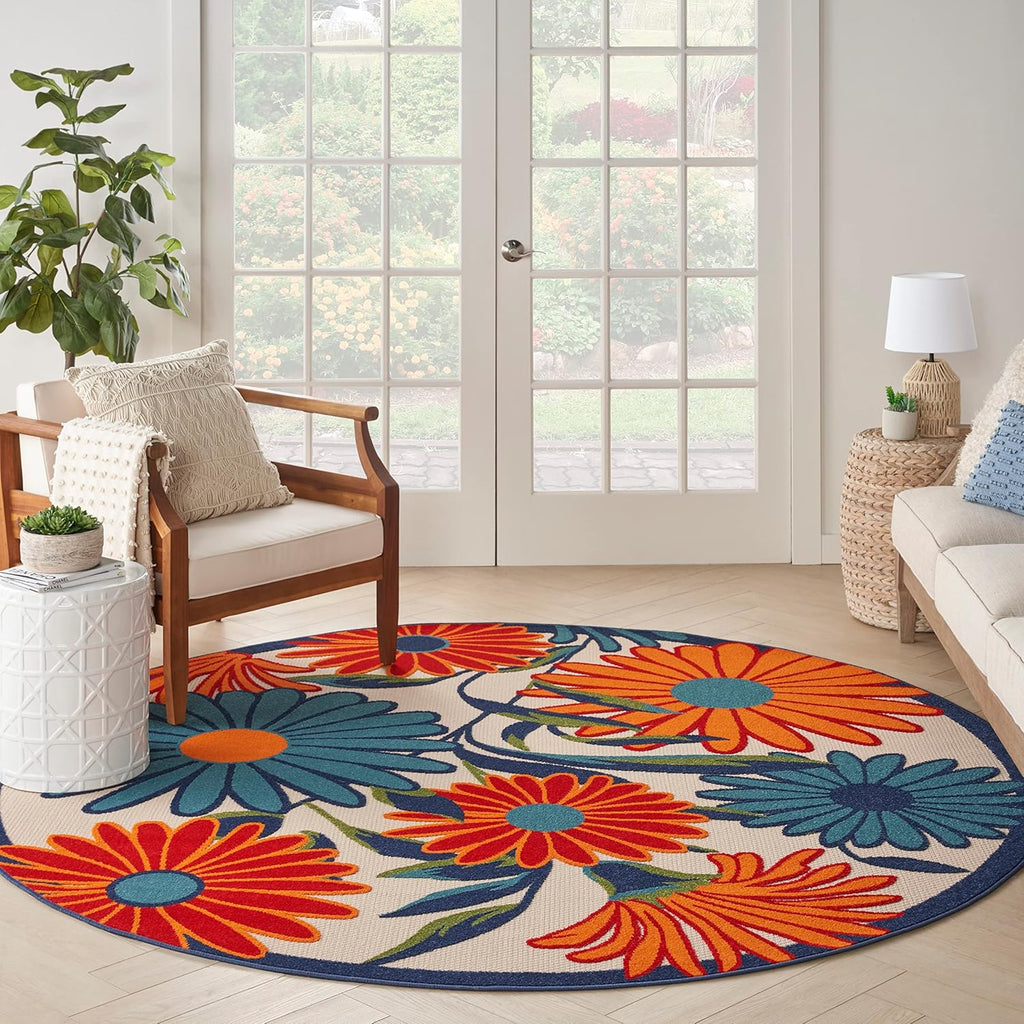Nourison Home Aloha Outdoor Multicolor 5'3" x Round Area Rug, Easy Cleaning, Non Shedding, Bed Room, Living Room, Dining Room, Deck, Backyard, Patio (5 Round)