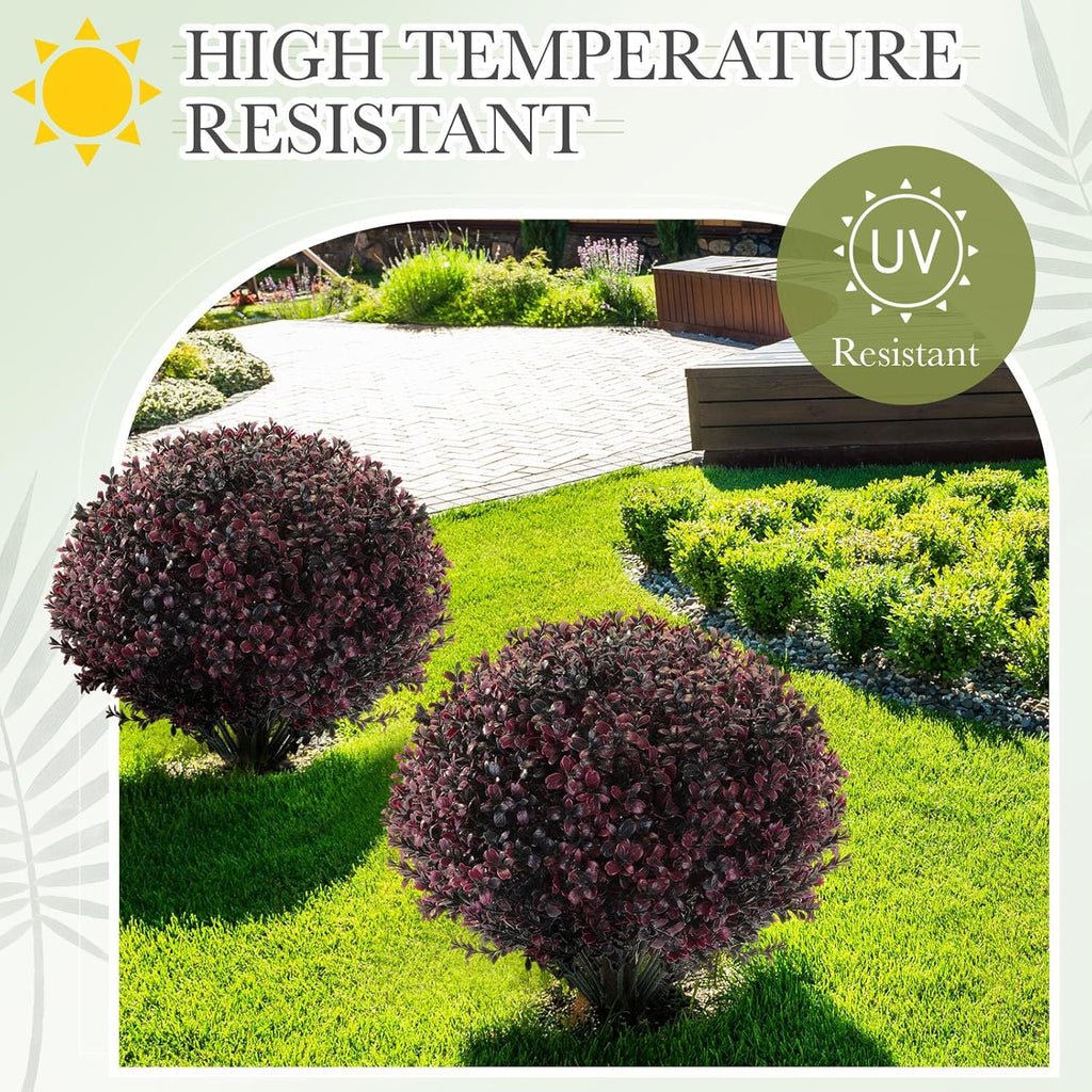 Yunlly 4 Pack 18" Artificial Boxwood Ball Bush Topiary Trees Fake Outdoor Plants, Realistic UV Resistance Faux Shrubs with Spike Greenery Topiary for Front Porch Garden Yard Patio Indoor (Dark Purple)