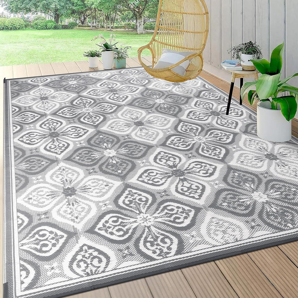 Pauwer Waterproof Outdoor Rug 9x12, Reversible Plastic Straw Patio Camping Rug, Indoor Outdoor RV Mat Carpet for Deck, Camper, Porch, Balcony, Backyard, Picnic, Clover Grey