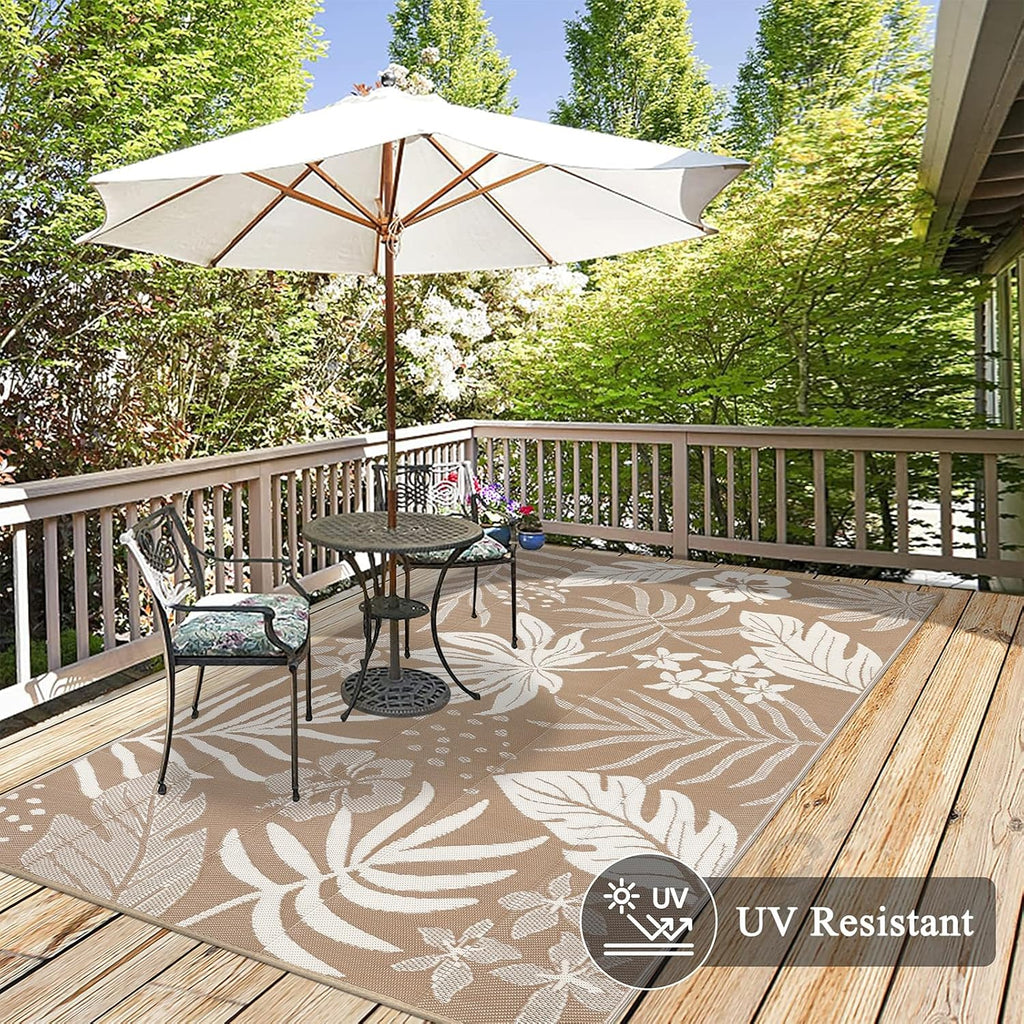 Pauwer Waterproof Outdoor Rug 6x9, Reversible Plastic Straw Patio Camping Rug, Indoor Outdoor RV Mat Carpet for Deck, Camper, Porch, Balcony, Backyard, Picnic, Floral Brown