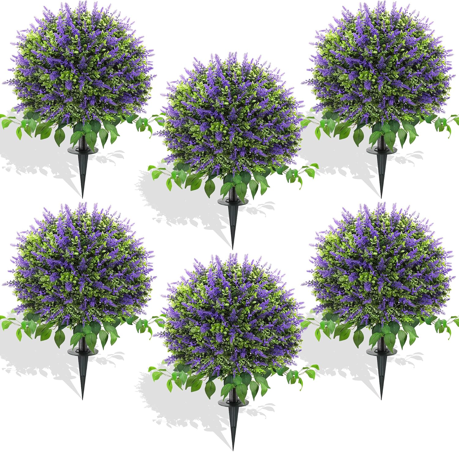 28" Artificial Boxwood Topiary Ball with Lavender, UV Resistant Topiary Tree Faux Boxwood Ball Shaped Porch Bushes with Ground Spike Artificial Bushes for Outdoors Front Door Decor Home Garden