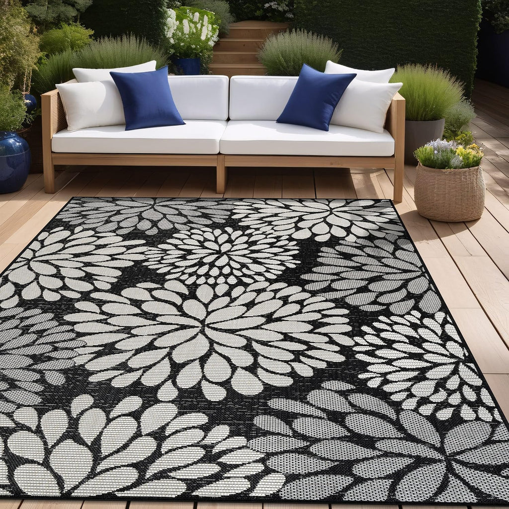Beverly Rug Outdoor Rug 6x9 Modern Exotic Tropical Leaf Area Rugs for Indoor and Outdoor Patio Deck Porch Garden Water Resistant Washable Outside Carpet (6 x 9 Dark Gray)