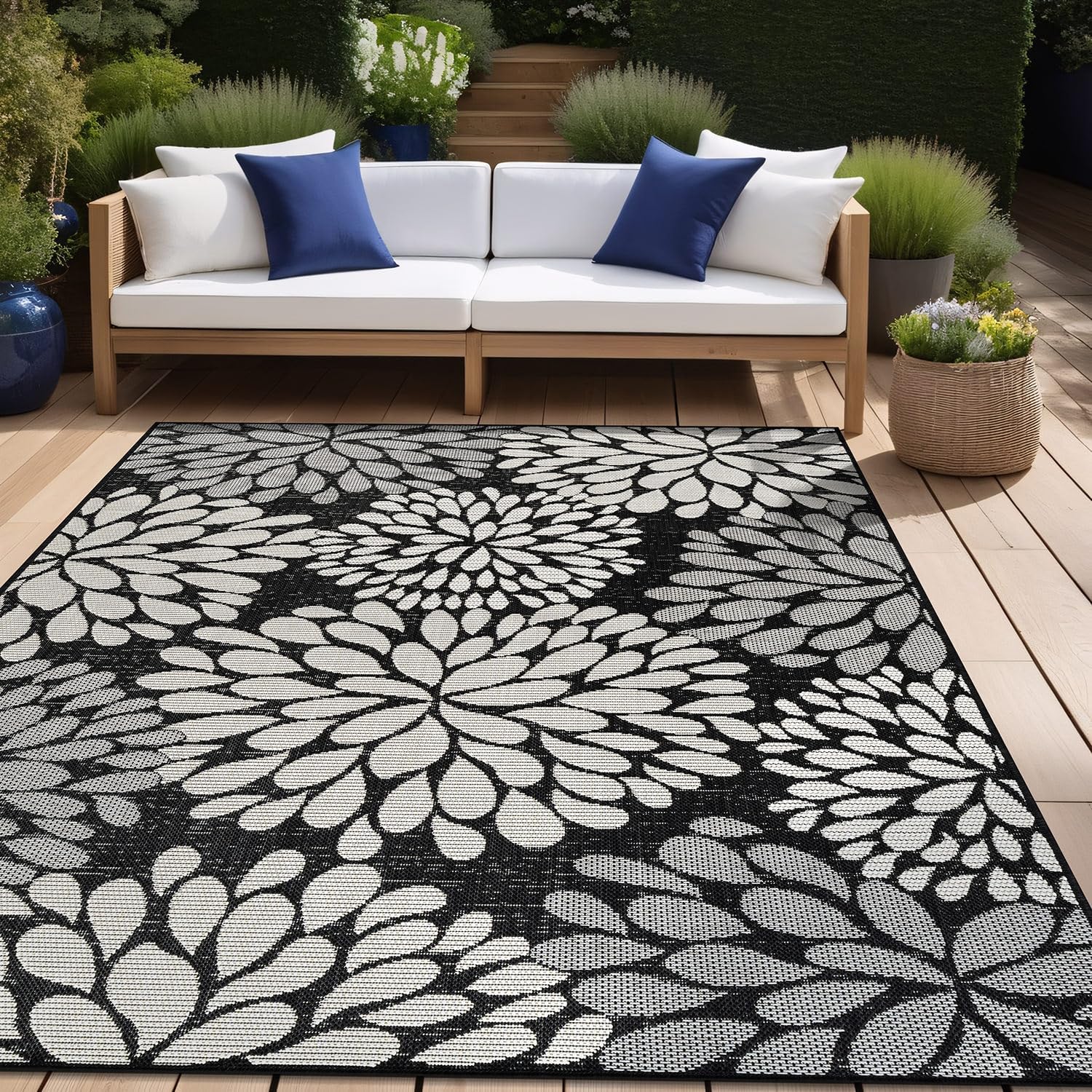 Beverly Rug Outdoor Rug 6x9 Modern Exotic Tropical Leaf Area Rugs for Indoor and Outdoor Patio Deck Porch Garden Water Resistant Washable Outside Carpet (6 x 9 Dark Gray)