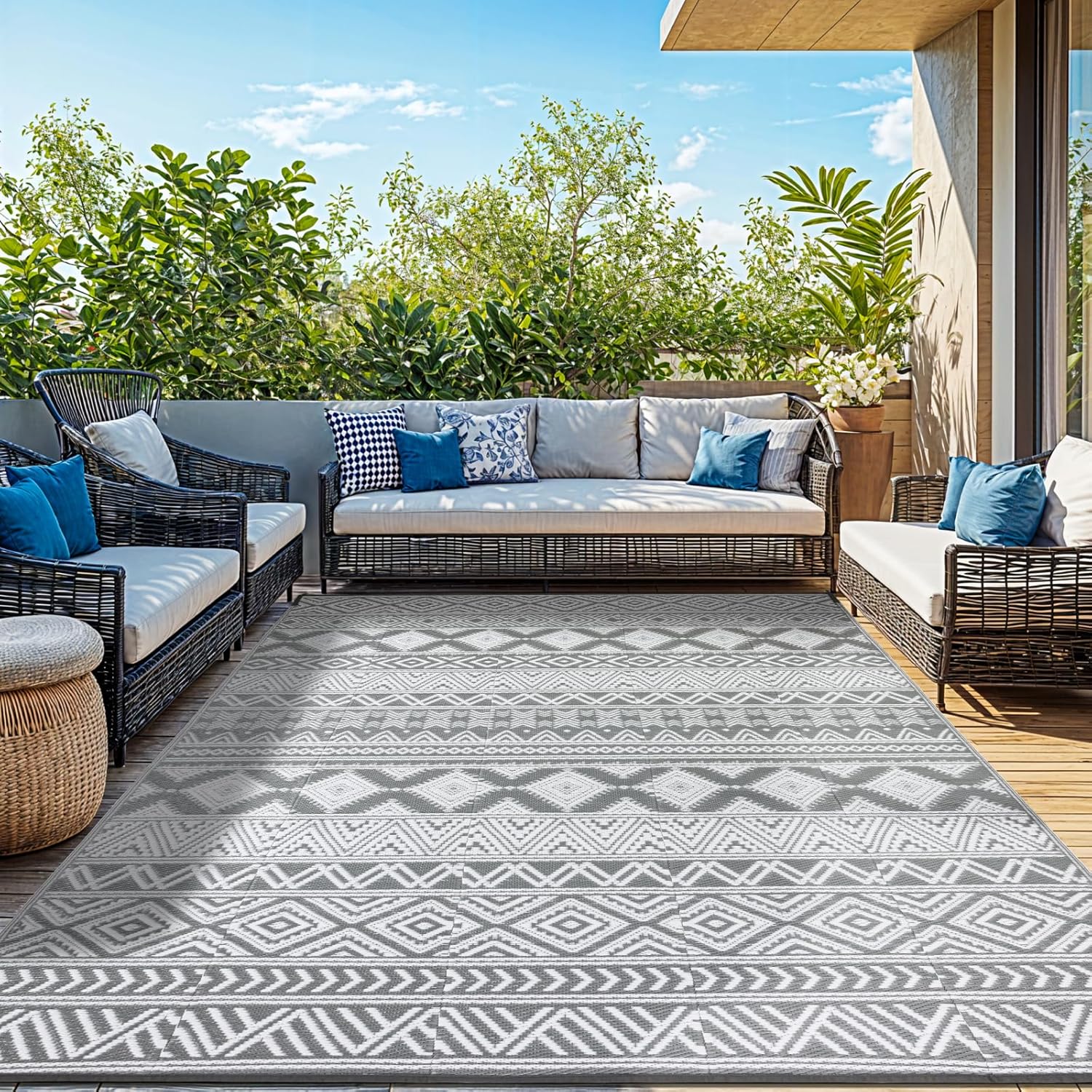 9'x12' Reversible Outdoor Rug - Eco-Friendly Plastic Straw Rug-Heavy-Duty Waterproof Mat, UV & Fade Resistant for Patio, Camping, RV, Deck, Balcony(9x12,Gray&White)