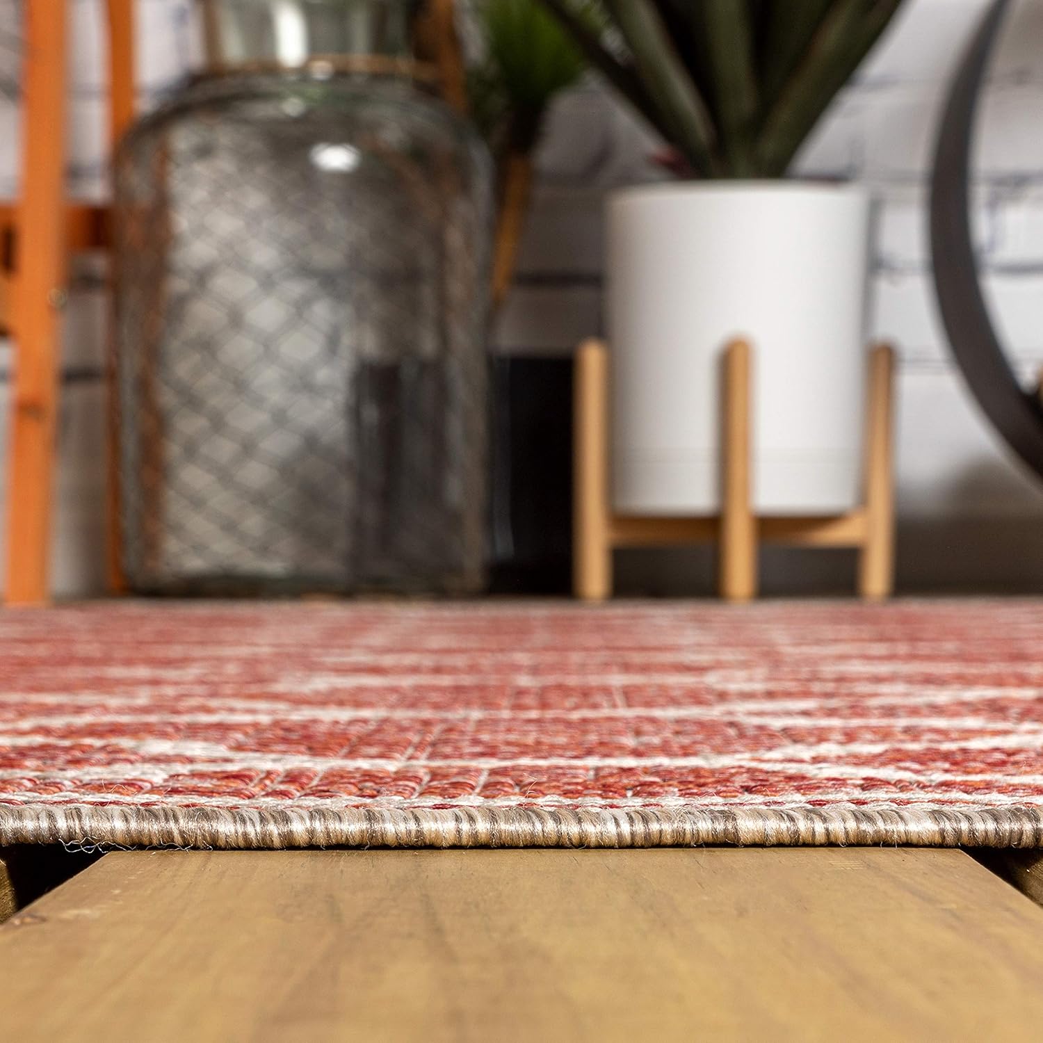 Eyely BMS109C-214 Santa Monica Trebol Moroccan Trellis Textured Weave, Pet Friendly, Non-Shedding, Stain Resistant, Easy-Cleaning, Red/Beige, 2 ft. x 14 ft., Indoor/Outdoor, Runner Rug
