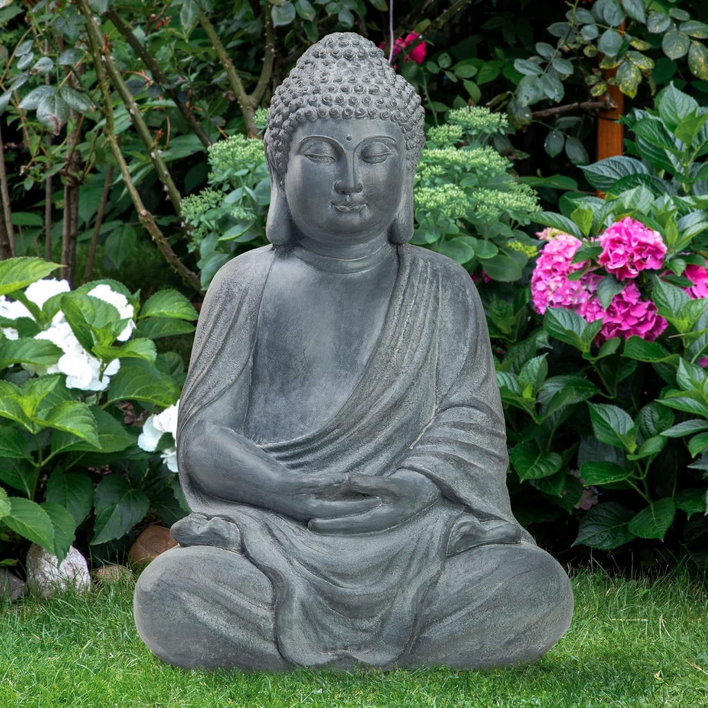 TOETOL Outdoor Buddha Large Statue Meditative Asian Zen Indoor 20” High Medium Yard Decor Magnesium Oxide Stone for Yard Garden Patio Deck Home, Dark Grey