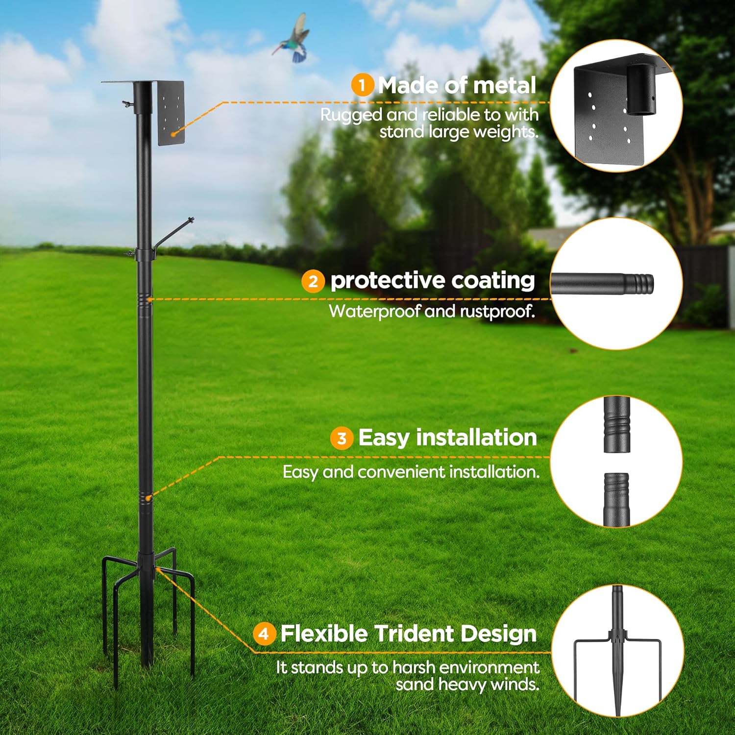 Bird House Pole Kit, Heavy-Duty Adjustable Pole for Outdoors with 5 Prongs Base,Metal Universal Support Pole for Bird Feeders,Solar Pannel,Black