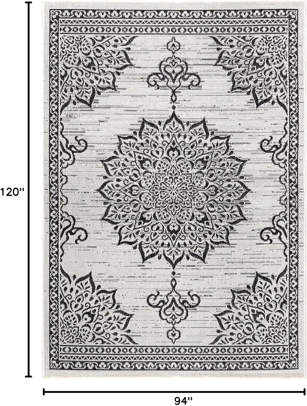 CAMILSON Outdoor Rug, 8x10 Medallion White Black Modern Area Rugs for Indoor and Outdoor Patios, Kitchen and Hallway Mats, Washable Porch Deck Outside Carpet (Medallion White, 8 x 10)