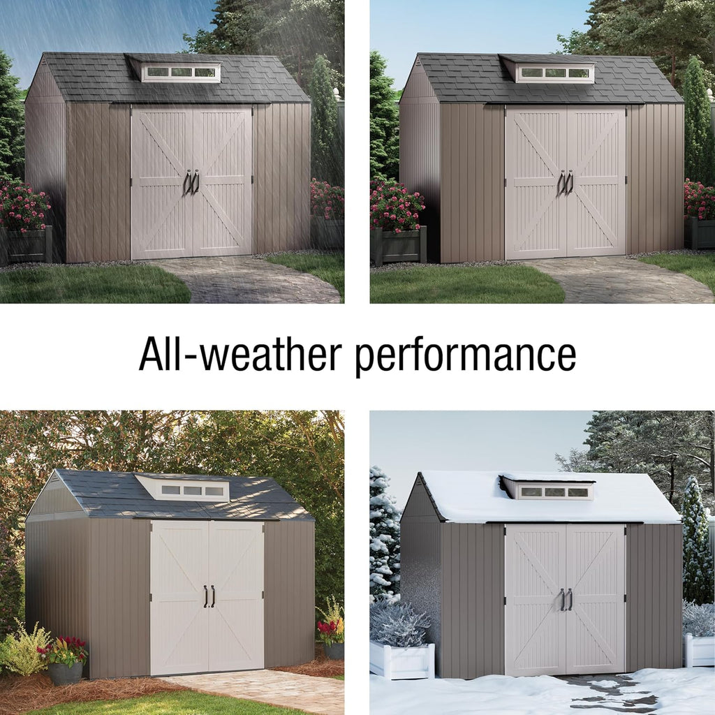 Rubbermaid Extra Large Resin Outdoor Storage Shed With Floor (7 x 10.5 Ft.) Weather Resistant Brown Organization for Home/Lawn Mower/Backyard Equipment/Bike Storage/Pool Supplies