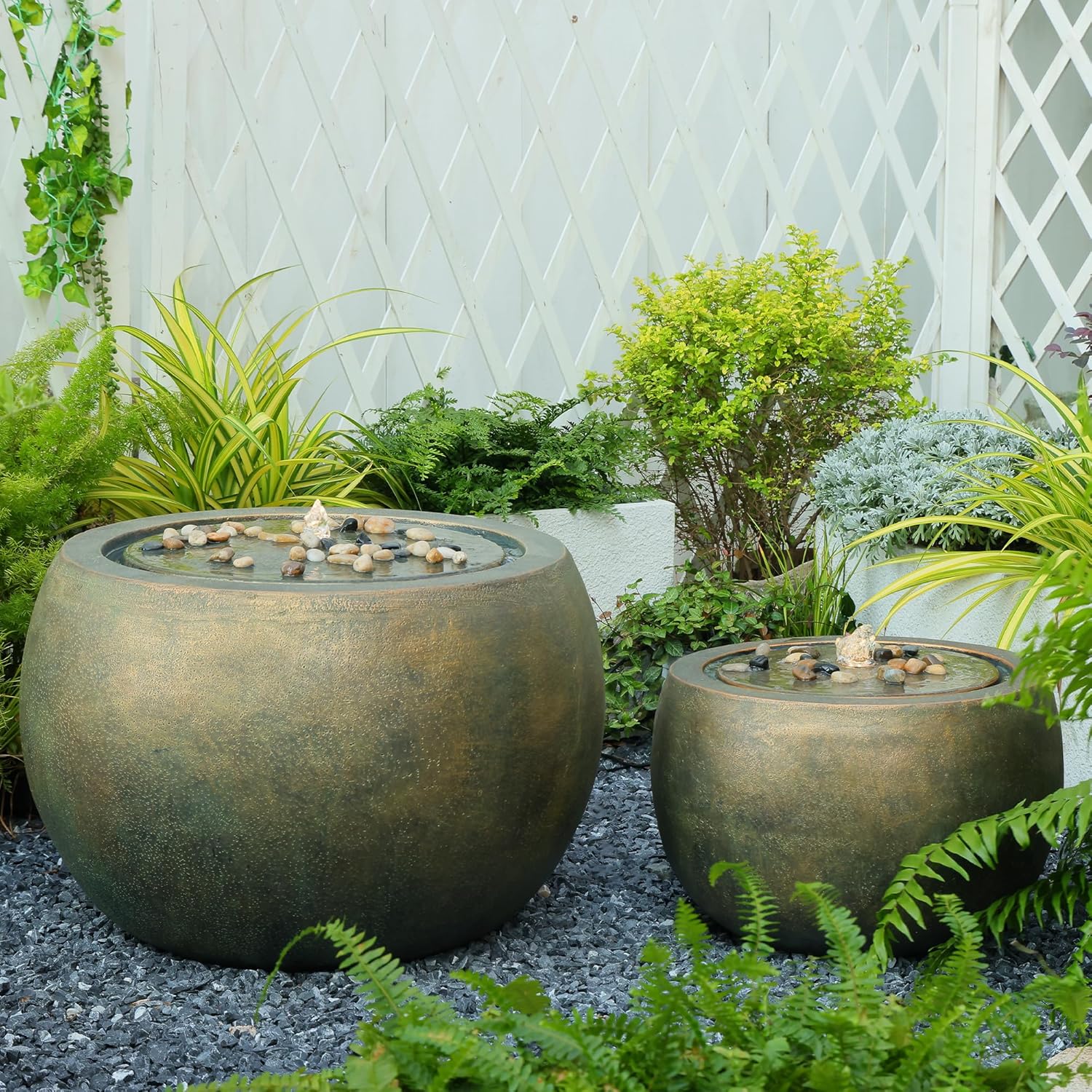 Garden Water Fountain Outdoor Bubbler Water Feature Indoor with Lights & Pump and Pebbles Waterfall Fountains Concrete Effect for Patio Deck Yard Home Decor Gold, 18 "L x 18" W x 11.5" H