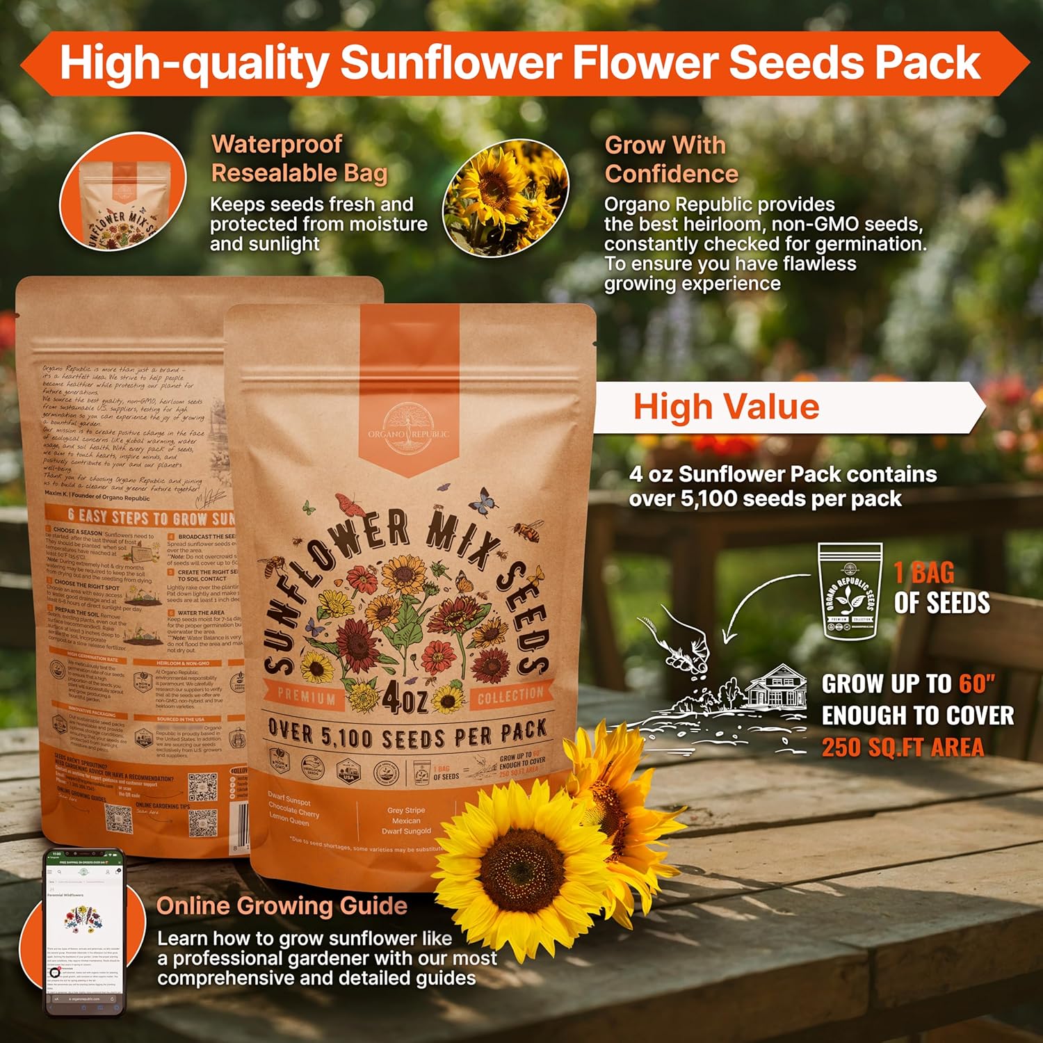 Sunflower Mix Seeds Pack 4 oz - Over 5,100 Non-GMO Heirloom Sunflower Seeds for Planting, Annual Flowers in Individual Seed Packet for Planting Home Garden Indoor & Outdoor Gardening