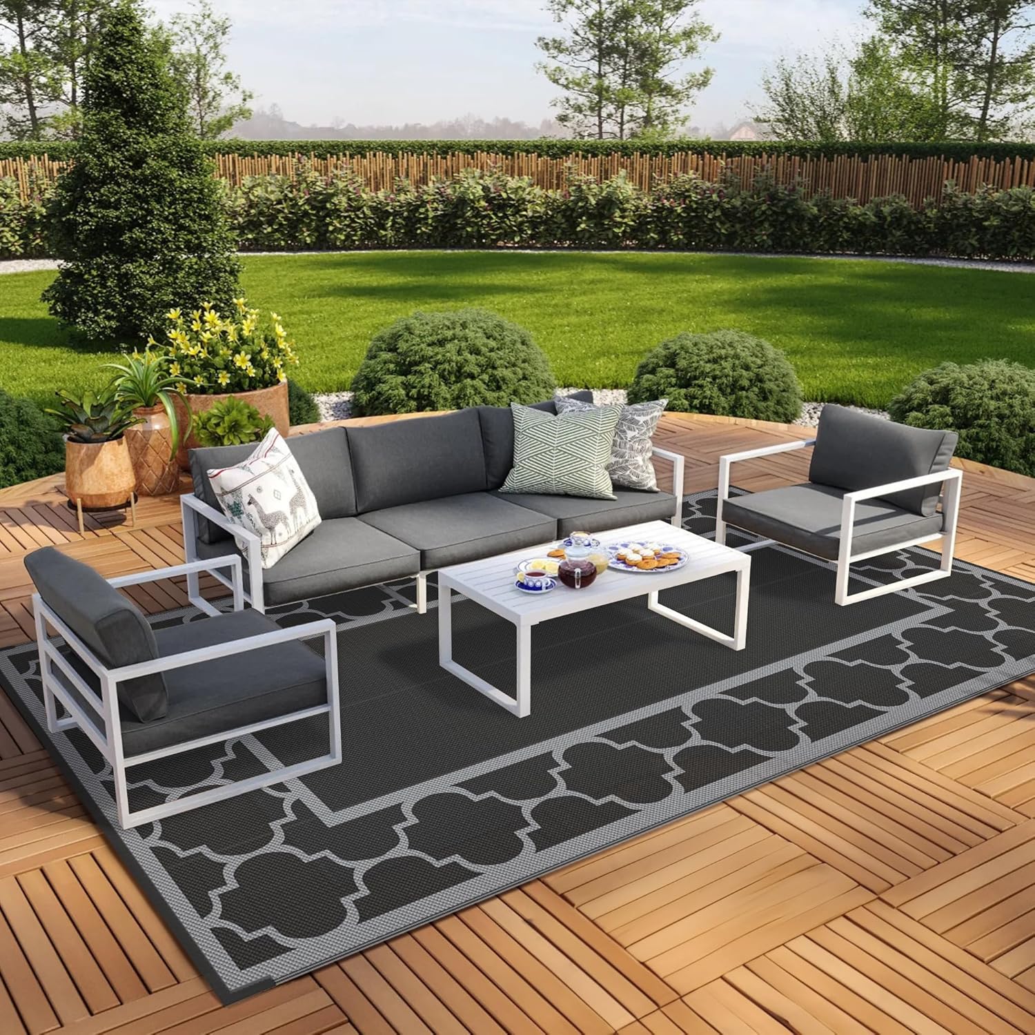 GENIMO 9' x 18' Outdoor Rug Waterproof for Patio, Foldable Reversible Plastic Straw Area Rugs Mat for Rv Decor, Outside Carpet for Camper, Deck, Picnic, Beach, Balcony, Porch, Black & Grey