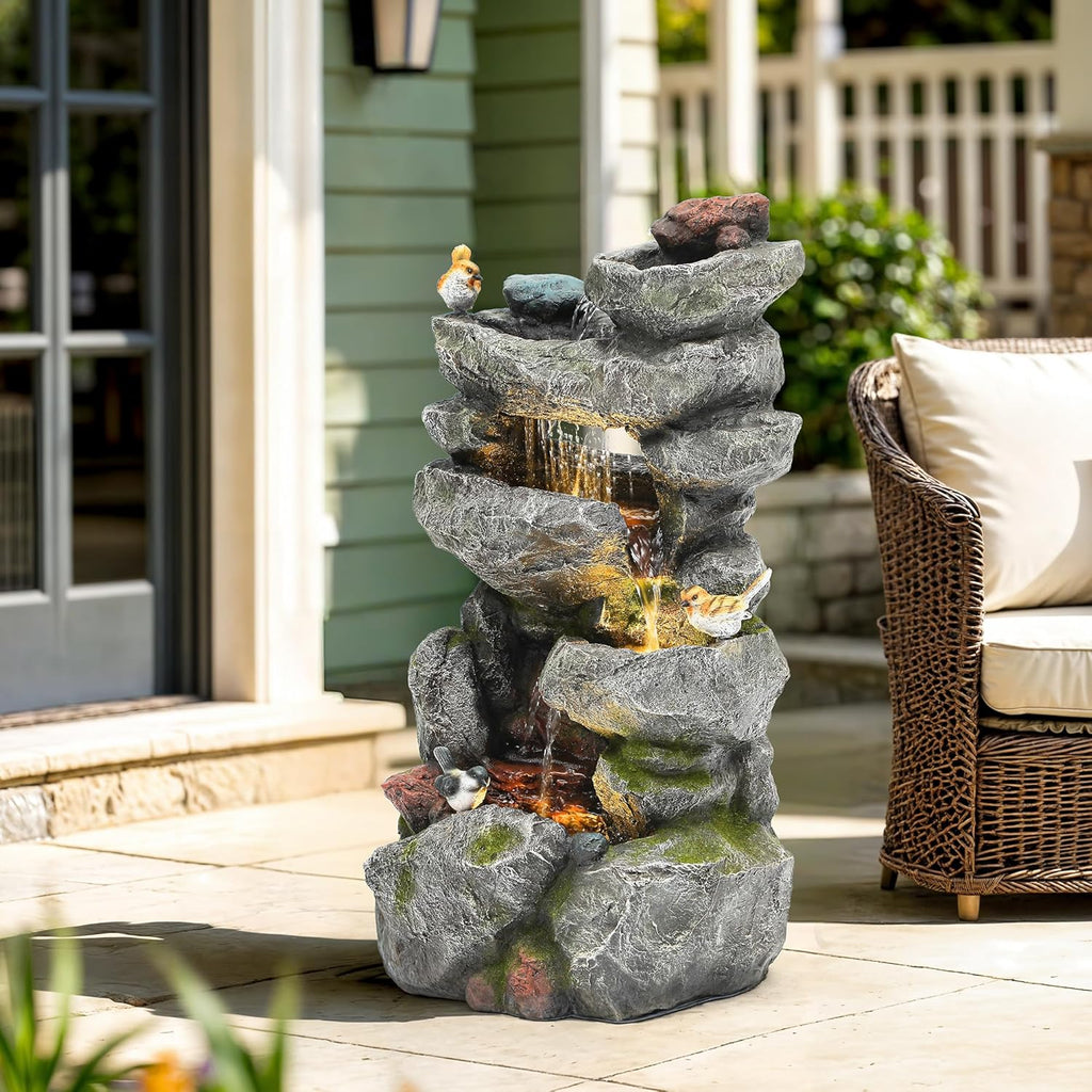 31.5" H Multi-Tier Rock Outdoor Water Fountain with LED Lights and Pump, Garden Fountain Waterfall for Patio, Porch, or Yard