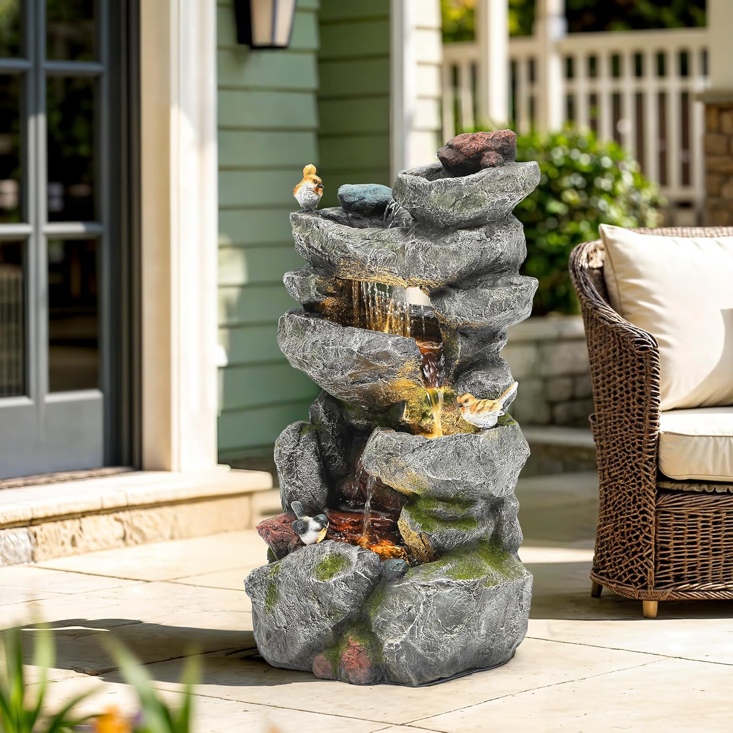 31.5" H Multi-Tier Rock Outdoor Water Fountain with LED Lights and Pump, Garden Fountain Waterfall for Patio, Porch, or Yard