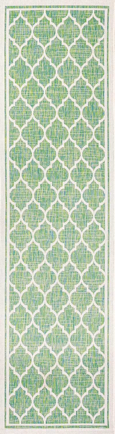 Eyely BMS109I-28 Santa Monica Trebol Moroccan Trellis Textured Weave Indoor/Outdoor Runner Rug Coastal;Bohemian, Bedroom, Backyard, Patio, Easy-Cleaning, Non-Shedding, 2 X 8, Cream/Green