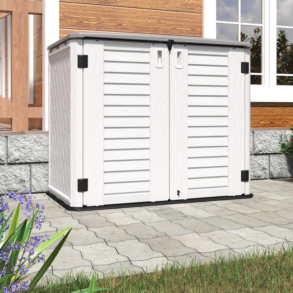 HOMSPARK Storage Shed Weather Resistance, Multi-Purpose Outdoor Storage Cabinet Waterproof, Outdoor Storage Cabinet for Bike, Garbage Cans, Lawnmower, Garden Accessories (off white, Standard-26 cu ft)