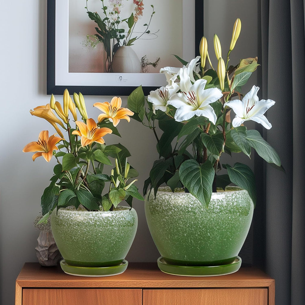 Ceramic Pots for Plants, 10+8+6 Inch Round Decorative Planters for Indoor Outdoor with Drainage Holes and Saucers, Office Garden Room Patio Decor, Gifts for Plant Lovers, Set of 3, Green