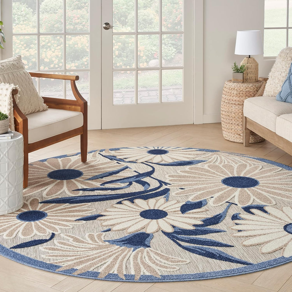 Nourison Home Aloha Outdoor Blue Grey 5'3" x Round Area Rug, Easy Cleaning, Non Shedding, Bed Room, Living Room, Dining Room, Deck, Backyard, Patio (5 Round)