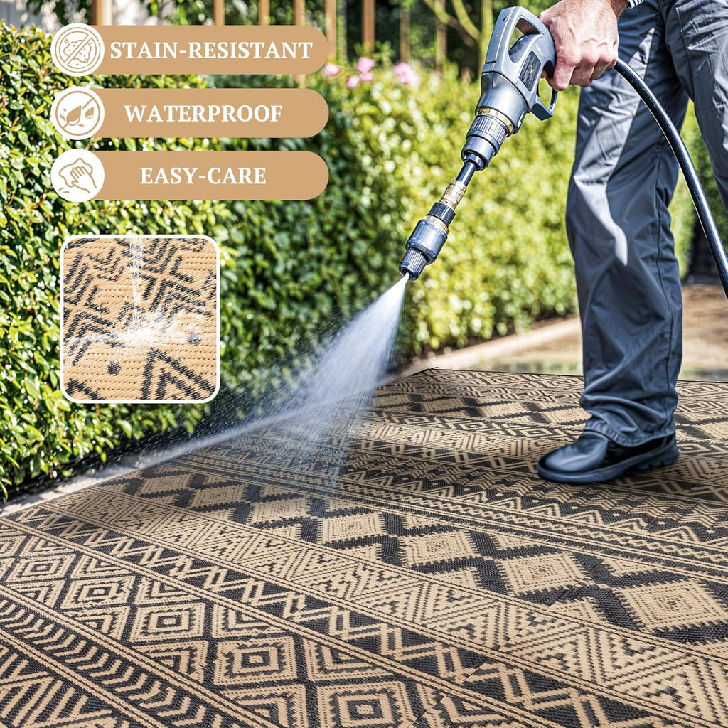 8'x10' Reversible Outdoor Rug - Eco-Friendly Plastic Straw Rug-Heavy-Duty Waterproof Mat, UV & Fade Resistant for Patio, Camping, RV, Deck, Balcony(8x10,Black&Brown)