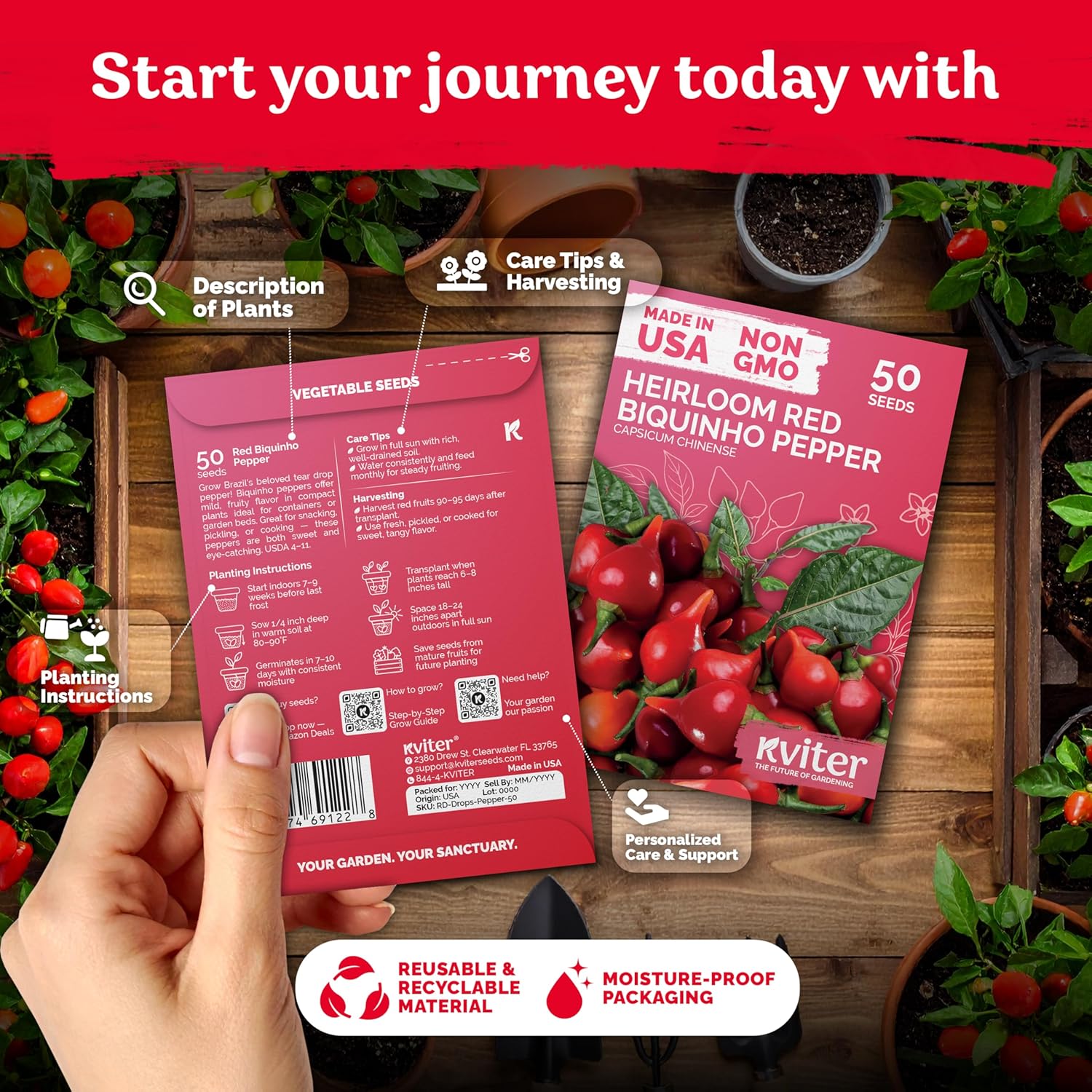 KVITER 50 Pimenta Biquinho, Sweety Drop Peppers Seeds (Capsicum Chinense) – Chupetinho, Pimenta de Bico, Little Red Tear Drop Peppers – Heirloom Red Pepper Vegetable Seeds for Outdoor & Indoor Garden