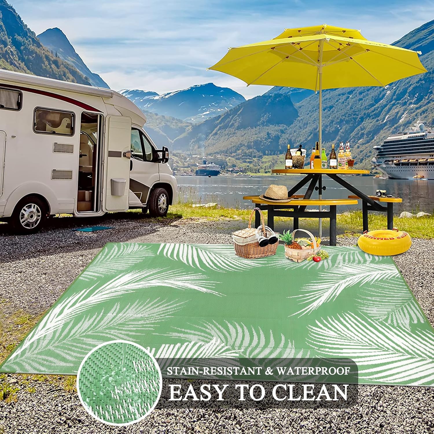 Pauwer Waterproof Outdoor Rug 6x9, Reversible Plastic Straw Patio Camping Rug, Indoor Outdoor RV Mat Carpet for Deck, Camper, Porch, Balcony, Backyard, Picnic, Leaf Green