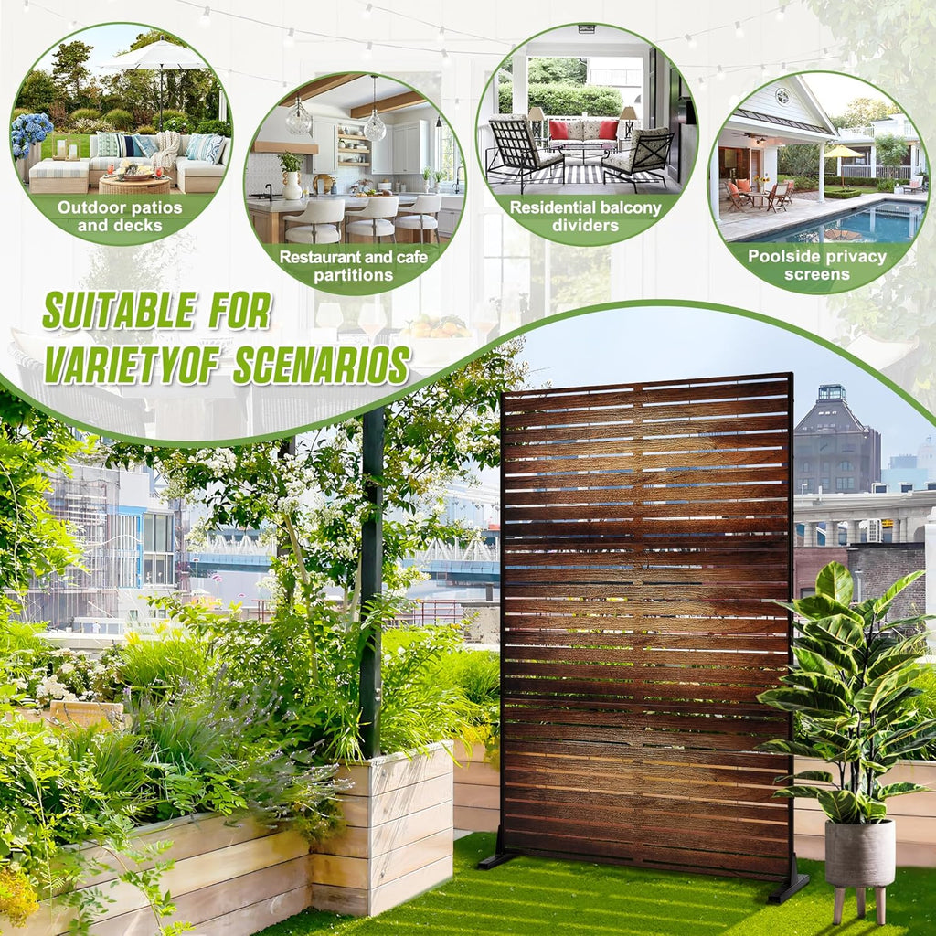 FENCY Metal Outdoor Privacy Screen 72" H×47" W Vintage Wood Color Patio Privacy Screen, Freestanding Decorative for Deck Balcony Patio