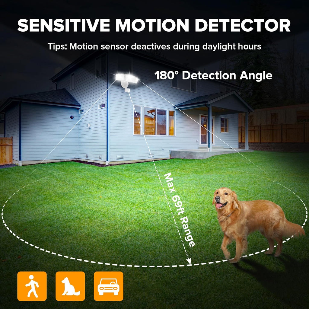 UME 49W 5500LM LED Security Lights Motion Sensor Light Outdoor, 5000K Daylight, IP65 Waterproof, Dusk to Dawn, 3 Head Motion Detected Flood Light for Garage, Yard, Porch(White)