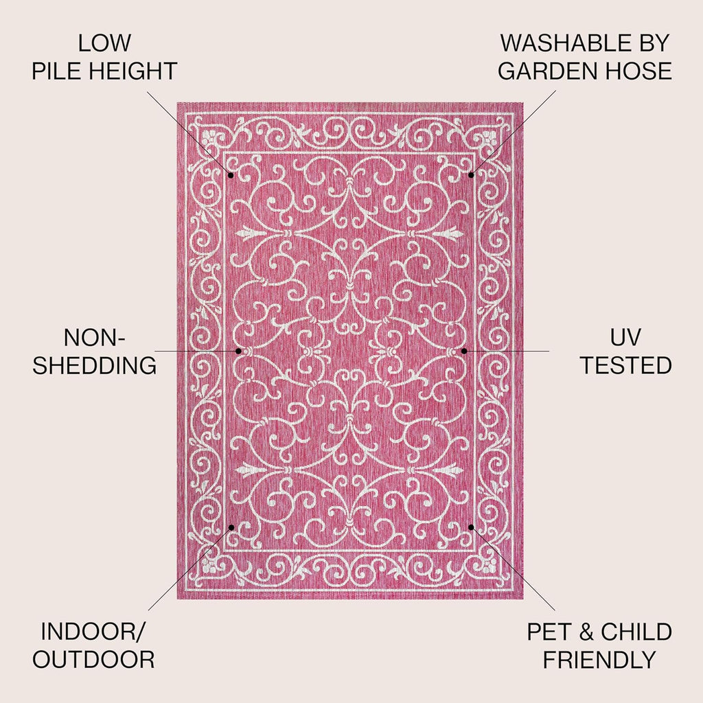 JONATHAN Y SMB106J-5SQ Charleston Vintage Filigree Textured Weave Indoor Outdoor Area Rug, Classic Traditional,Bedroom,Kitchen,Backyard,Patio, Fuchsia/Light Gray, 5' Square