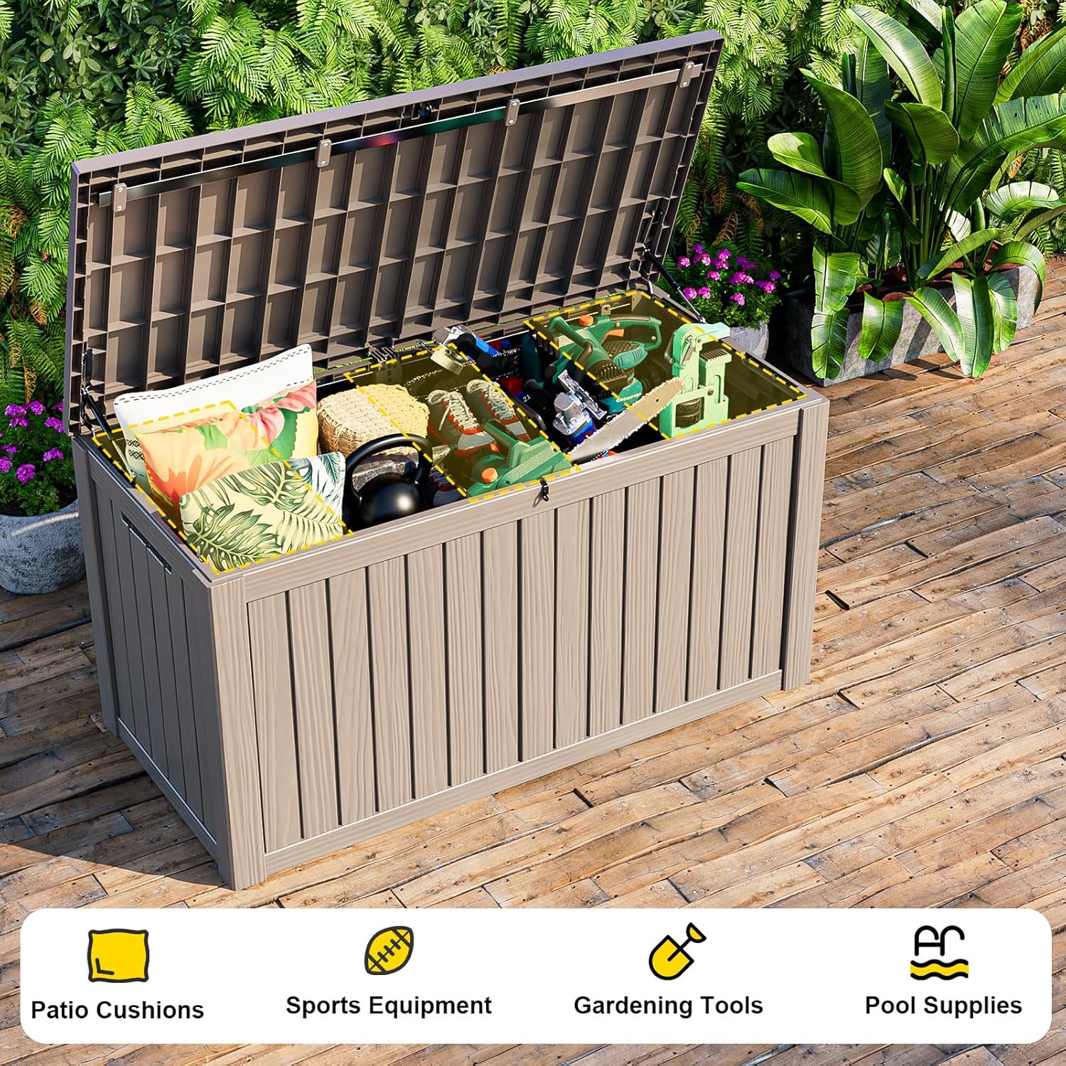 DRATO 150 Gallon Outdoor Storage Box, Large Waterproof Deck Box, Lockable Resin Storage Container with Reinforced Support for Patio Cushions, Garden Tools, UV-Resistant Outdoor Chest