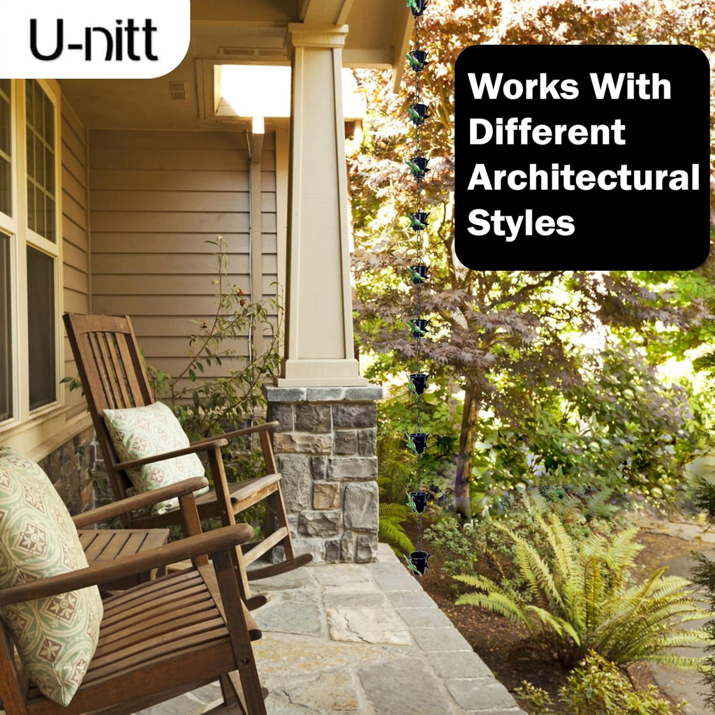 U-nitt Rain Chain Water Collection for Gutters, Rainwater Catcher & Diverter, 8.5 FT Chains for Outside Garden, Bird Bucket Cups, Roof Downspout, Works with Heavy Rain, w/Gutter Clip for Rainchains