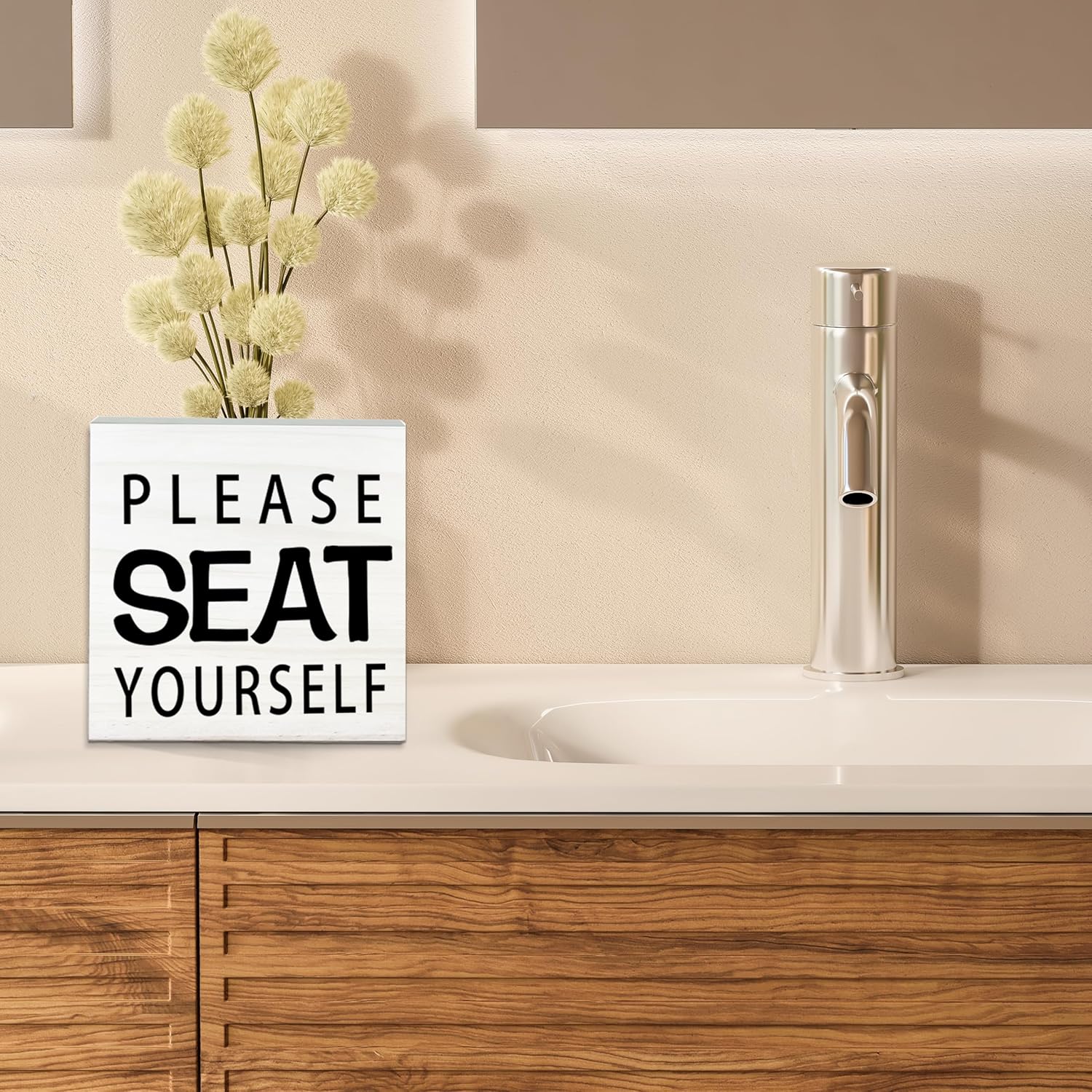 Please Seat Yourself Wooden Sign - Funny White Block Plaque Desk Decoration-5x5 inches Rustic Wood Block Gifts For Friends Family Coworkers-Restroom Bathroom Toilet Tabletop Favors & Supplies-A07