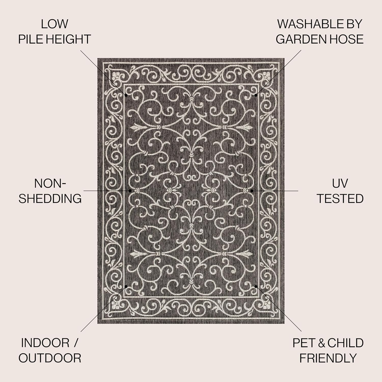 JONATHAN Y SMB106G-8R Charleston Vintage Filigree Textured Weave Black/Gray 8' Round Indoor/Outdoor Area Rug, Pet Friendly, Non-Shedding, Stain Resistant, Easy-Cleaning for Backyard, Patio, Porch