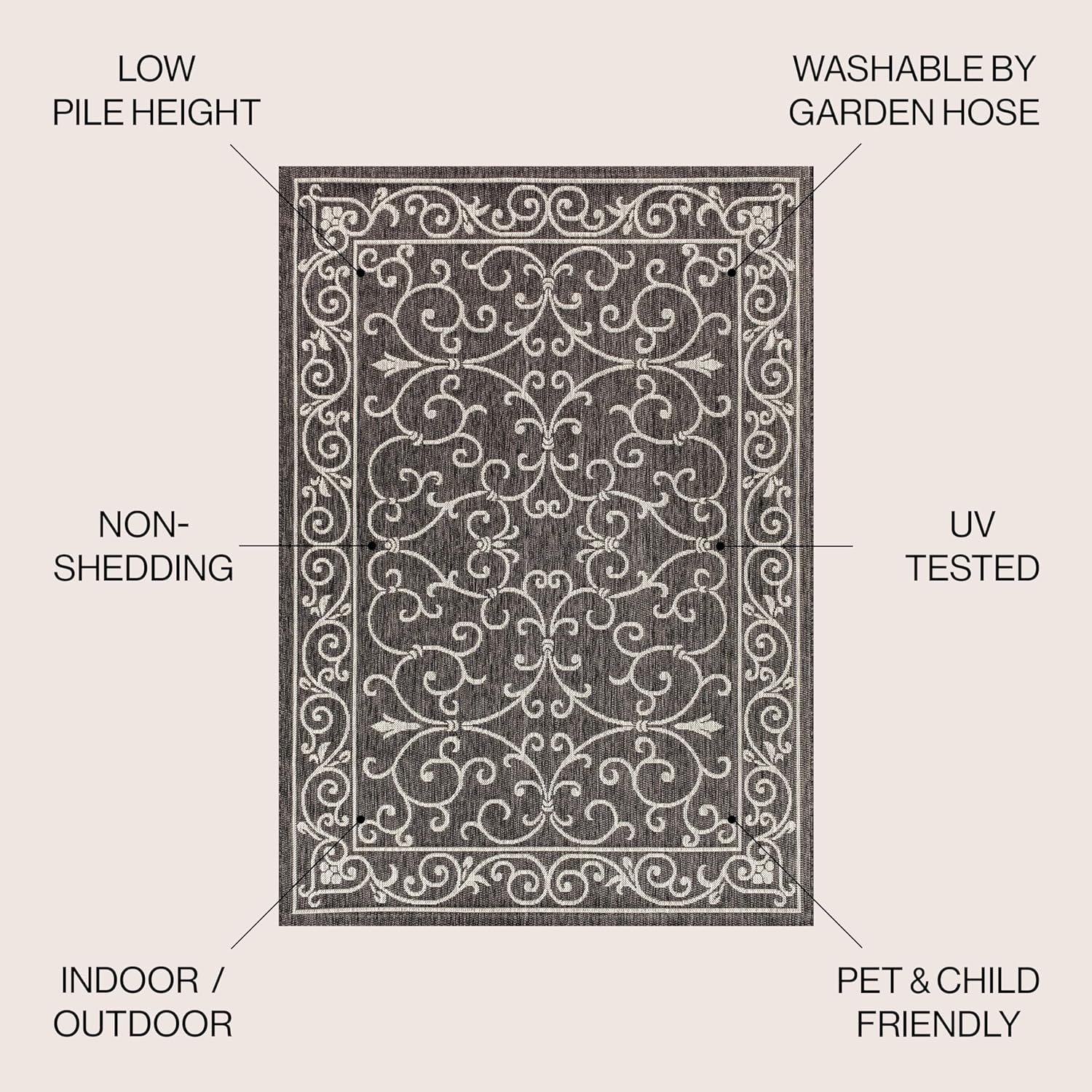 JONATHAN Y SMB106G-14 Charleston Vintage Filigree Textured Weave Black/Gray 10 ft. x 14 ft. Indoor/Outdoor Area Rug, Pet Friendly, Non-Shedding, Stain Resistant, Easy-Cleaning for Backyard, Patio