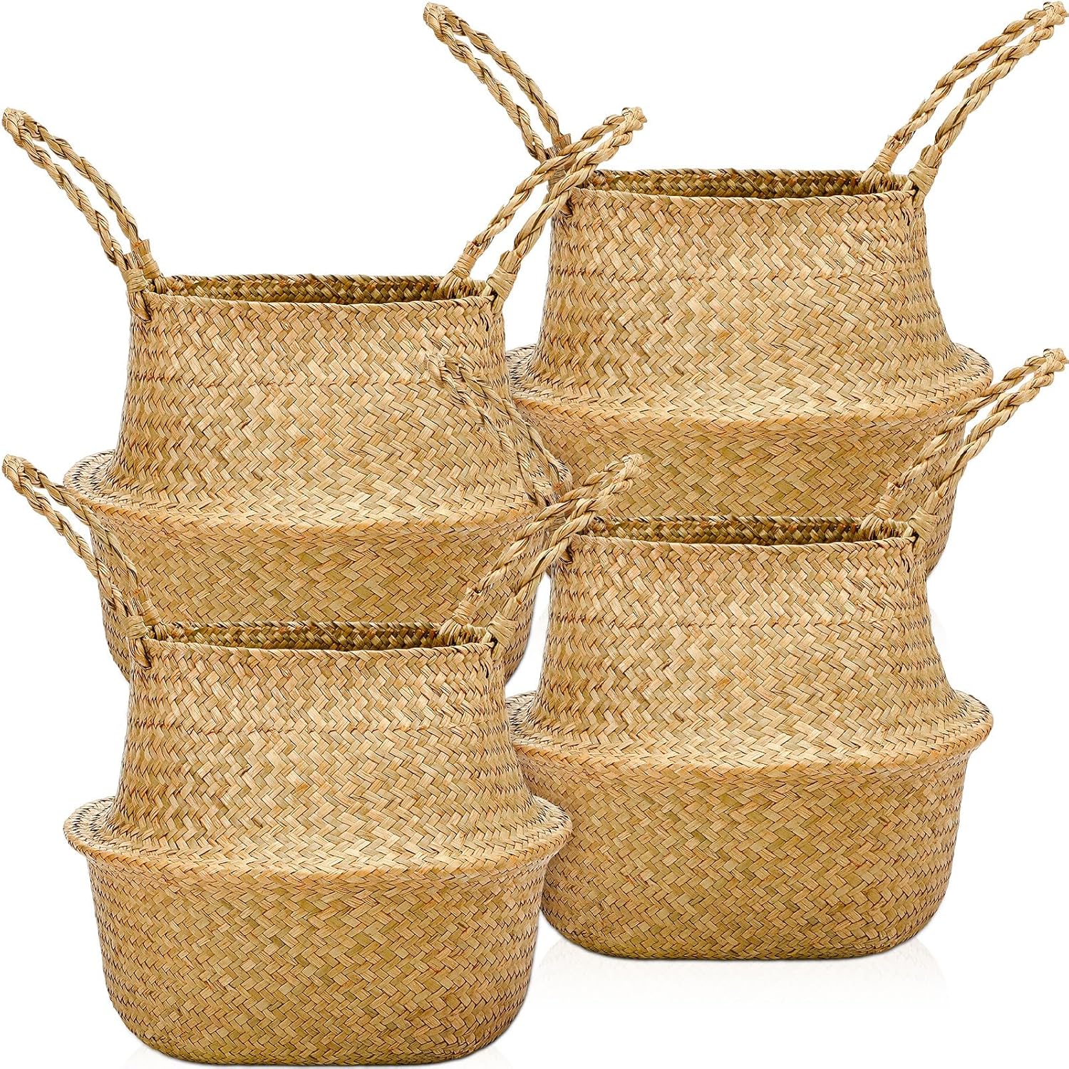 Qunclay Woven Seagrass Baskets Belly Basket Folding Boho Natural Plant Pot with Handles Round Decorative Wicker Large Indoor Planter for Home Outdoor Tree Planters Decor(12 x 11 Inch, 4 Pcs)
