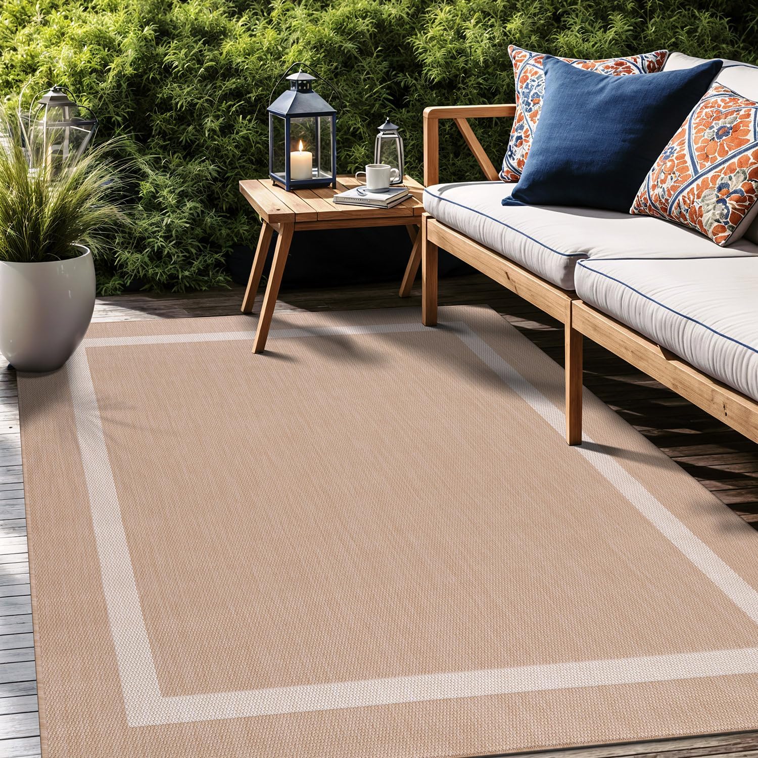 Bordered Outdoor Rug 9x12 Washable Outside Carpet for Indoor Patio Porch Waterproof Easy Cleaning Non Shedding Area Rugs Beige 9 x 12
