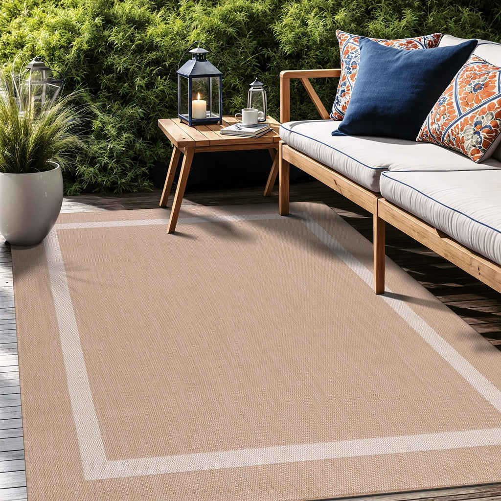 Bordered Outdoor Rug 5x7 Washable Outside Carpet for Indoor Patio Porch Waterproof Easy Cleaning Non Shedding Area Rugs Beige 5 x 7