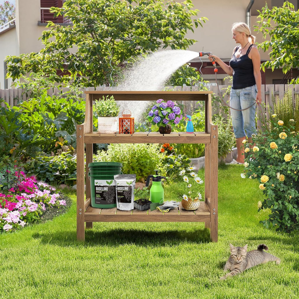 Potting Bench Table, HDPS Potting Bench with 4 Side Hooks, All-Weather Garden Table Work Station, Outdoor Potting Table for Porch, No Rust, No Fade, No Break, 360lbs Capacity (Teak, Large)