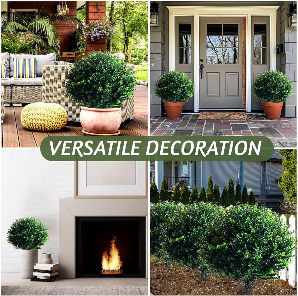 Yunlly 2 Pcs 18 Inch Artificial Boxwood Ball Topiary Tree Fake Outdoor Plants Bush, UV Resistance Faux Shrubs with Spike Realistic Greenery Potted for Indoor Garden Yard Porch Patio Decor (Dark Green)