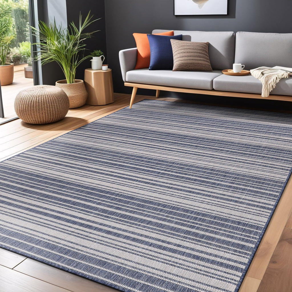 Stripe Outdoor Rug 10x14 Washable Outside Carpet for Indoor Patio Porch Waterproof Easy Cleaning Non Shedding Area Rugs Blue 10 x 14