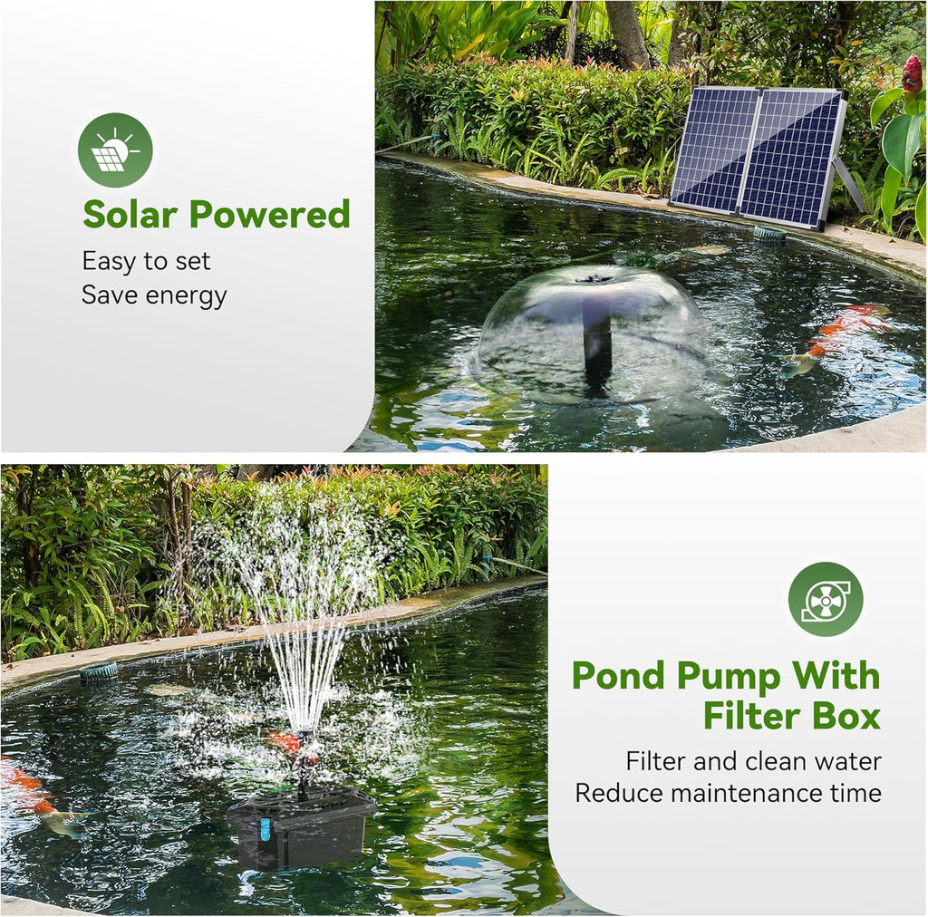 NFESOLAR Pond Filter Fountain with 50W Solar Panel, 580 GPH Water Pump, 10 FT Extension Cord, Solar Fountain Pump with Pond Filter Box Outdoor for Koi Ponds Water Feature Waterfall Pool