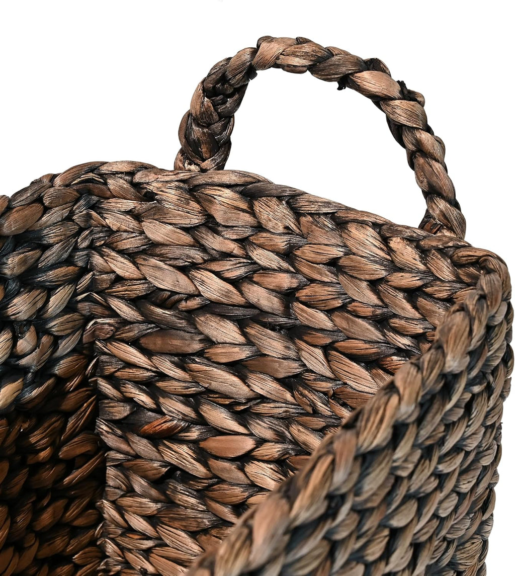 happimess BSK2001B-3SET Clara Farmhouse Classic Handwoven Hyacinth Rectangle Floor Wicker Storage Baskets with Handles, Brown (Set of 3), Seagrass Containers for Decoration in Living Room, Bedroom