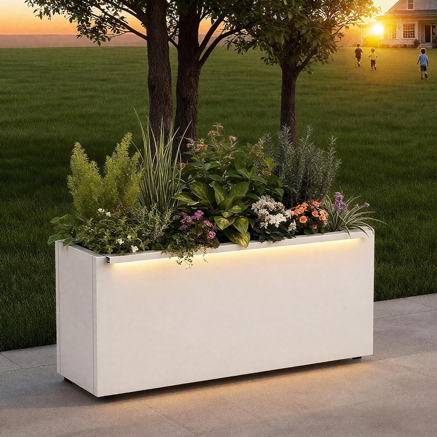 GSK White LED Metal Planter Boxes Outdoor Space LED Light Strips × 2 Durable and Stylish Rectanglular Raised Flower Trough with Drainage Holes Indoor Easy Assembly Garden Patio Balcony Porch