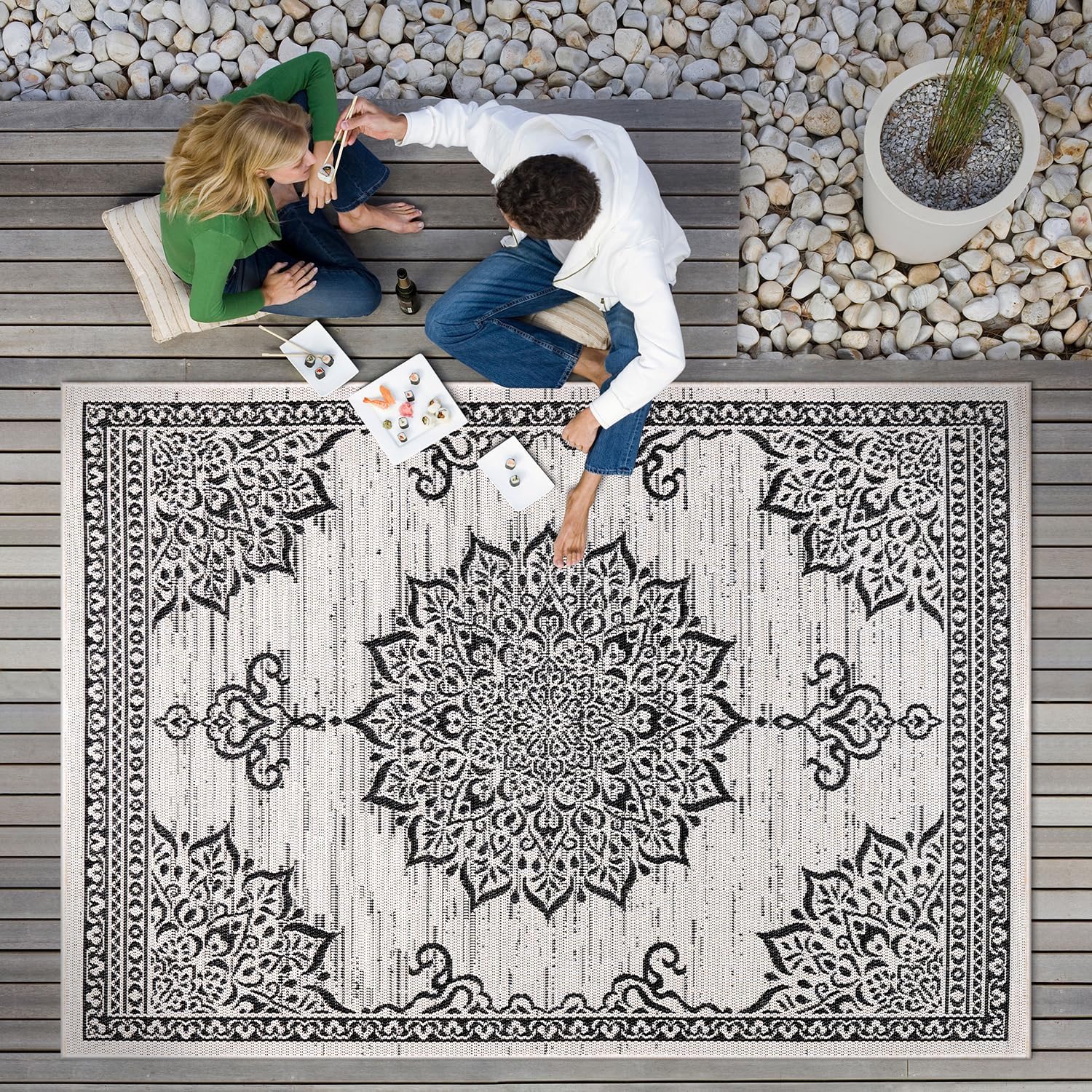 CAMILSON Outdoor Rug, 8x10 Medallion White Black Modern Area Rugs for Indoor and Outdoor Patios, Kitchen and Hallway Mats, Washable Porch Deck Outside Carpet (Medallion White, 8 x 10)