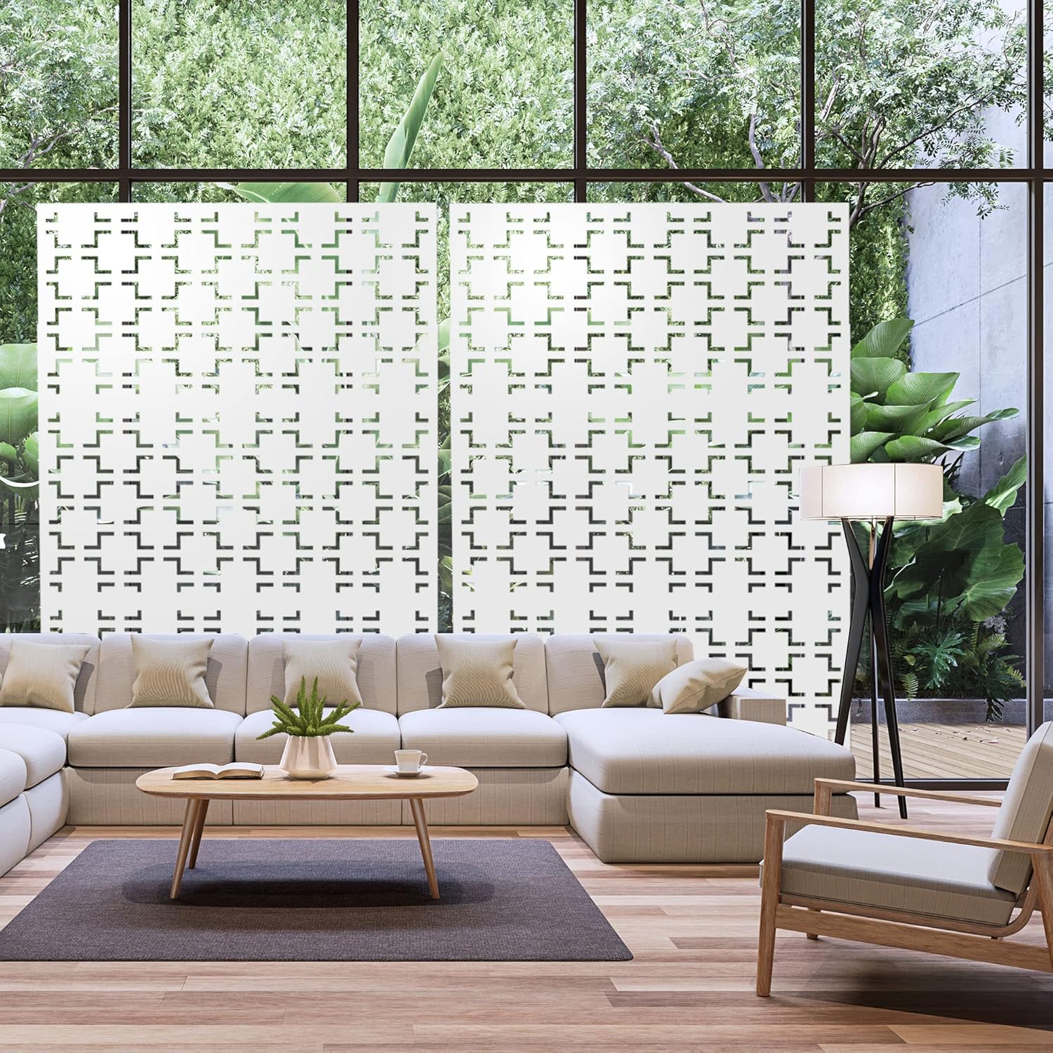 Metal Privacy Screen Outdoor 72" H×47" W,Freestanding Decorative Privacy Screen for Balcony Yard&Garden,Privacy Fence-White&Square