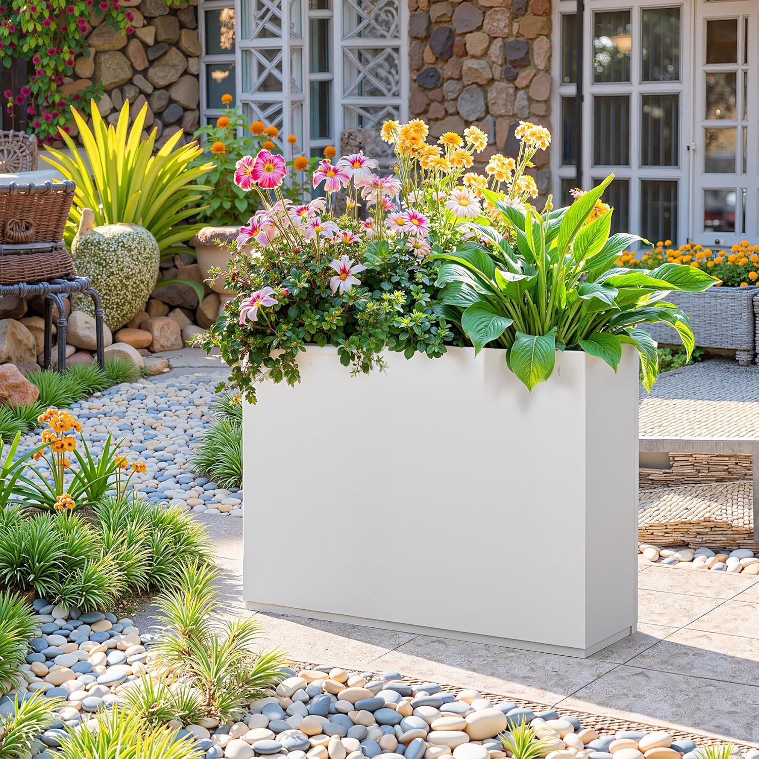 Rectangle Planter for Indoor & Outdoor, Tall and Long Planter Boxes with Drainage Holes, Mental Divider Planter Box All-Weather Use for Plants, Flowers, 35" L x 9" W x 26" H, White