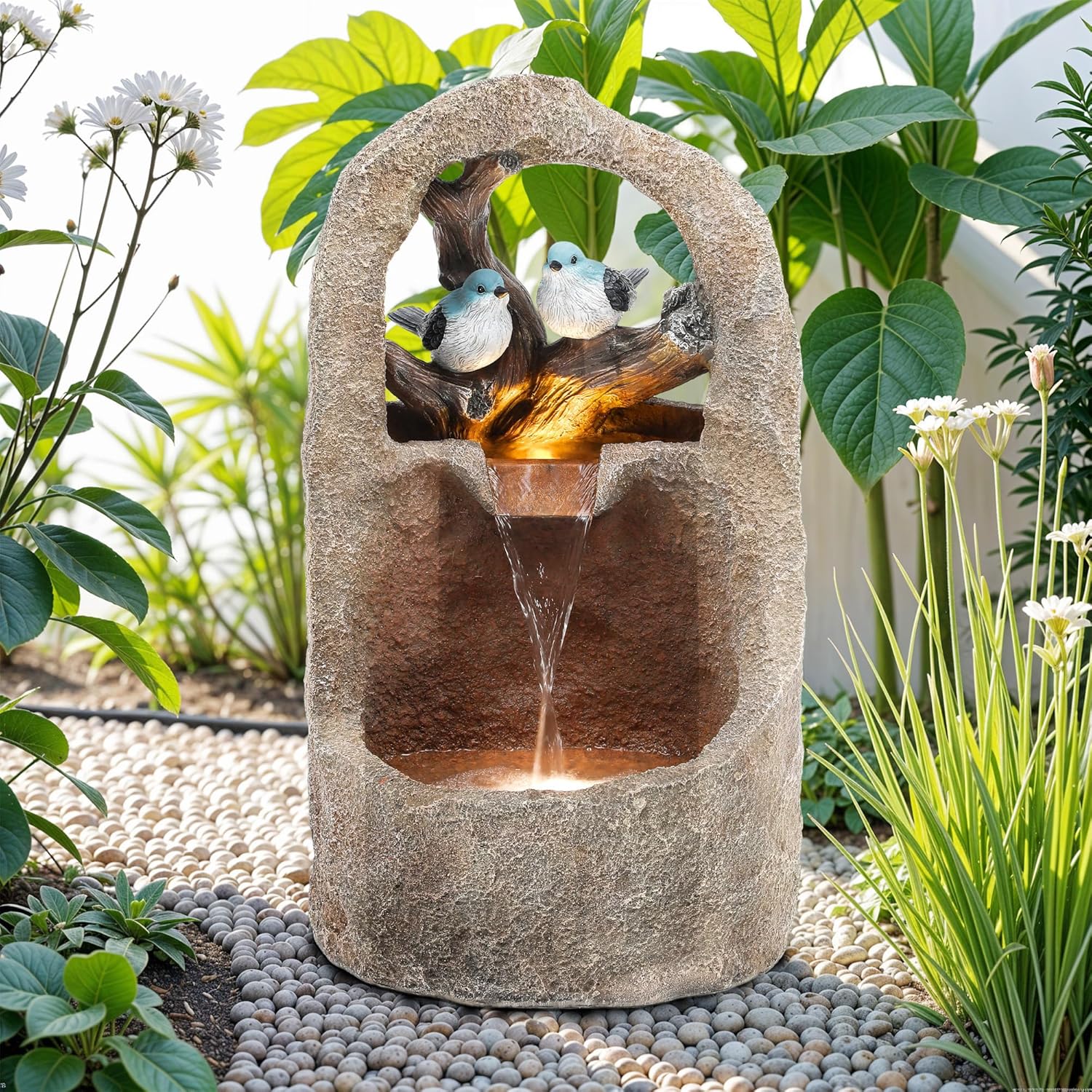 27" 2-Tier Bird Outdoor Water Fountain with Lights, Natural Zen Garden Fountain, Relaxing Waterfall Floor, Yard, Porch or Deck Decor, Whether-Resistant, Faux Granite Texture