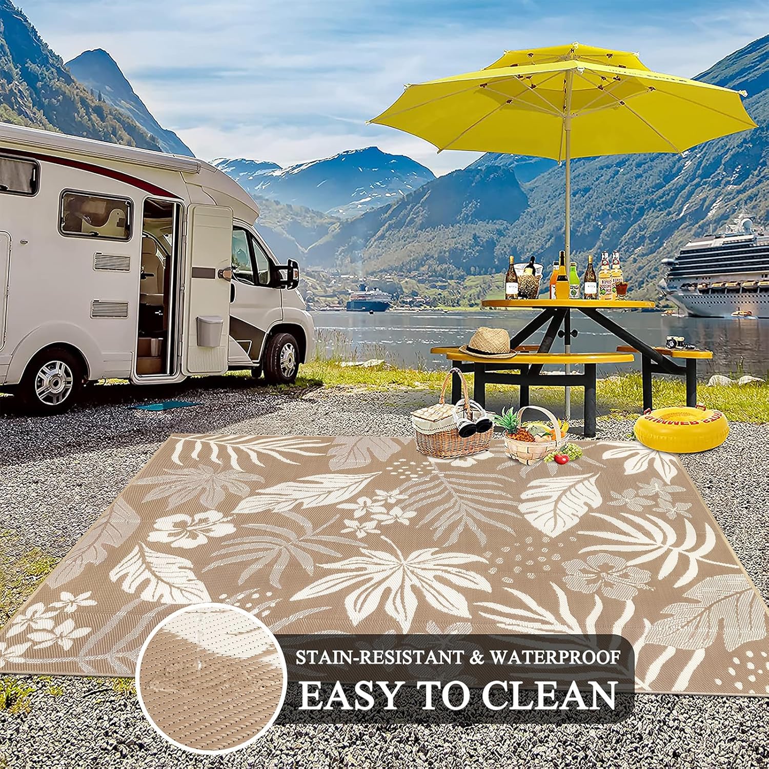 Pauwer Waterproof Outdoor Rug 9x12, Reversible Plastic Straw Patio Camping Rug, Indoor Outdoor RV Mat Carpet for Deck, Camper, Porch, Balcony, Backyard, Picnic, Floral Brown